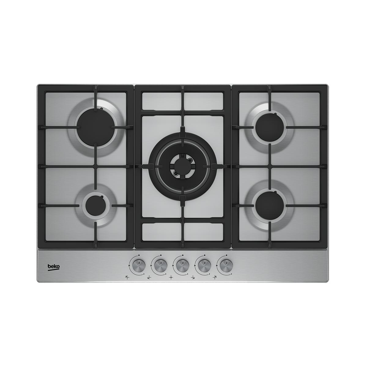 Placa a Gas 75cm BEKO HIAW 75225 SL  | 4 Fuegos + 1 Fuego Wok Zonas, Natural, Inox, Superficie Acero inoxidable, 12400W