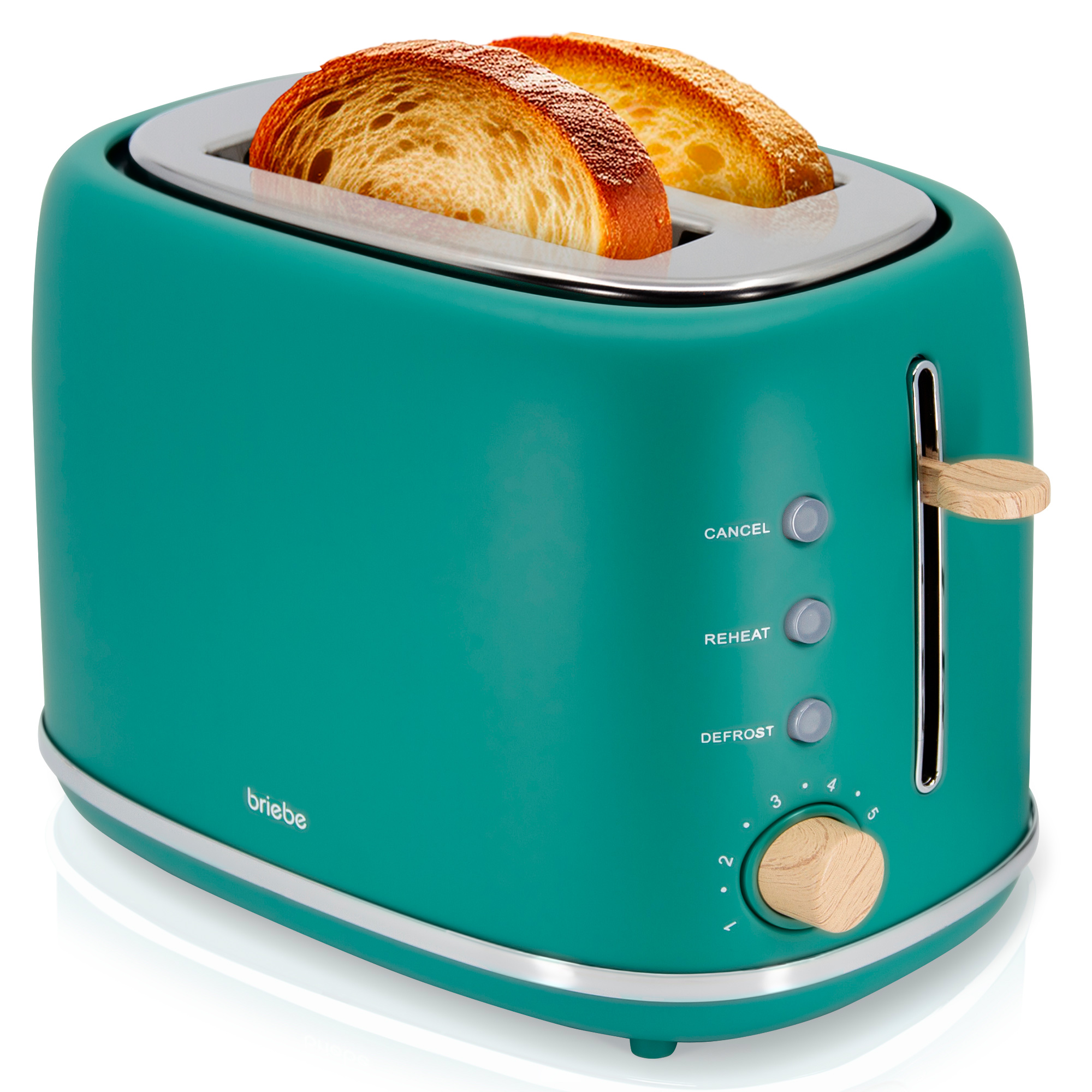 Briebe TA1166GRE Nordic Tostadora Pan Ranura Ancha, Tostador 2 Rebanadas, 6 Niveles Tostado, Calientapanecillos, 870W, Verde