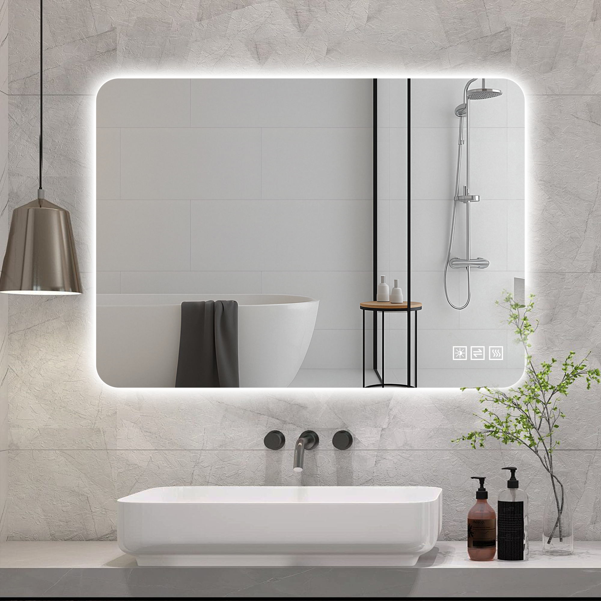 Miroir de salle de bain LED 70 x 90 cm sans cadre avec rétroéclairage, anti-buée et installation verticale ou horizontale