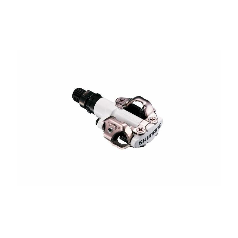 SHIMANO - Pedales M520 SPD para ciclismo de montaña y carretera, diseño compacto con anclaje abierto, repelencia mejorada al barro y suciedad, tensión del muelle ajustable, color blanco incluye calas SM-SH51