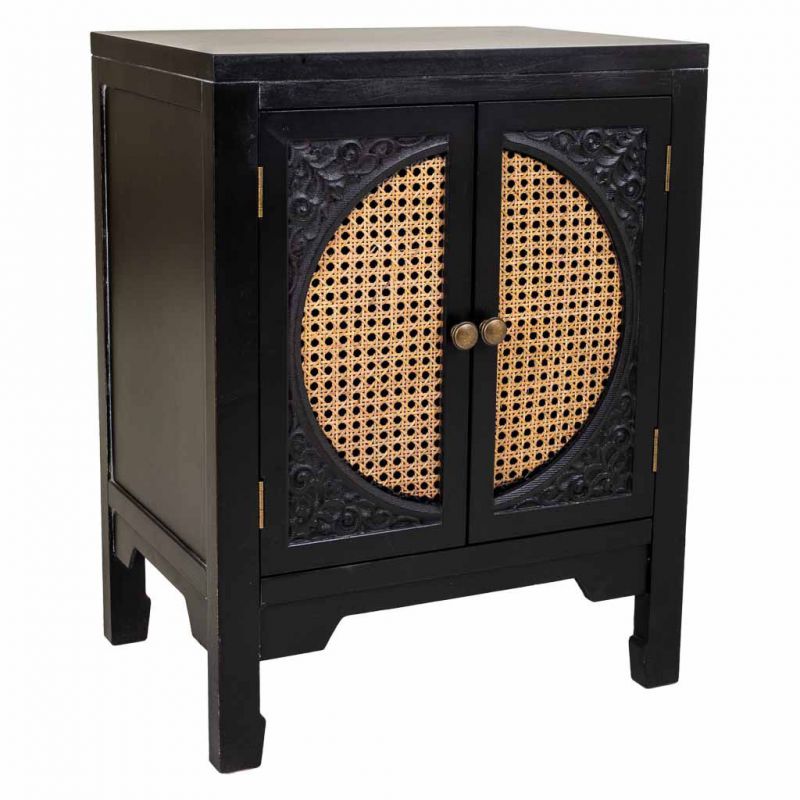 Mesita De Noche De Madera Y Ratan De 2 Puertas Negro 36x50x65cm, El mejor complemento para tu hogar