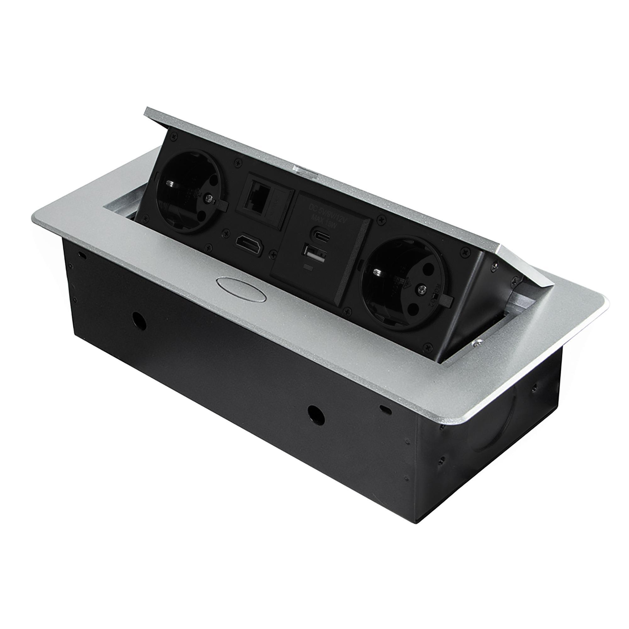 Multiconector atom 26, 225x111mm, 2 enchufes tipo schuko, 1 usb tipo a, 1usb tipo c, 1 rj45, 1 hdmi, zamak-acero-plástico, gris metalizado