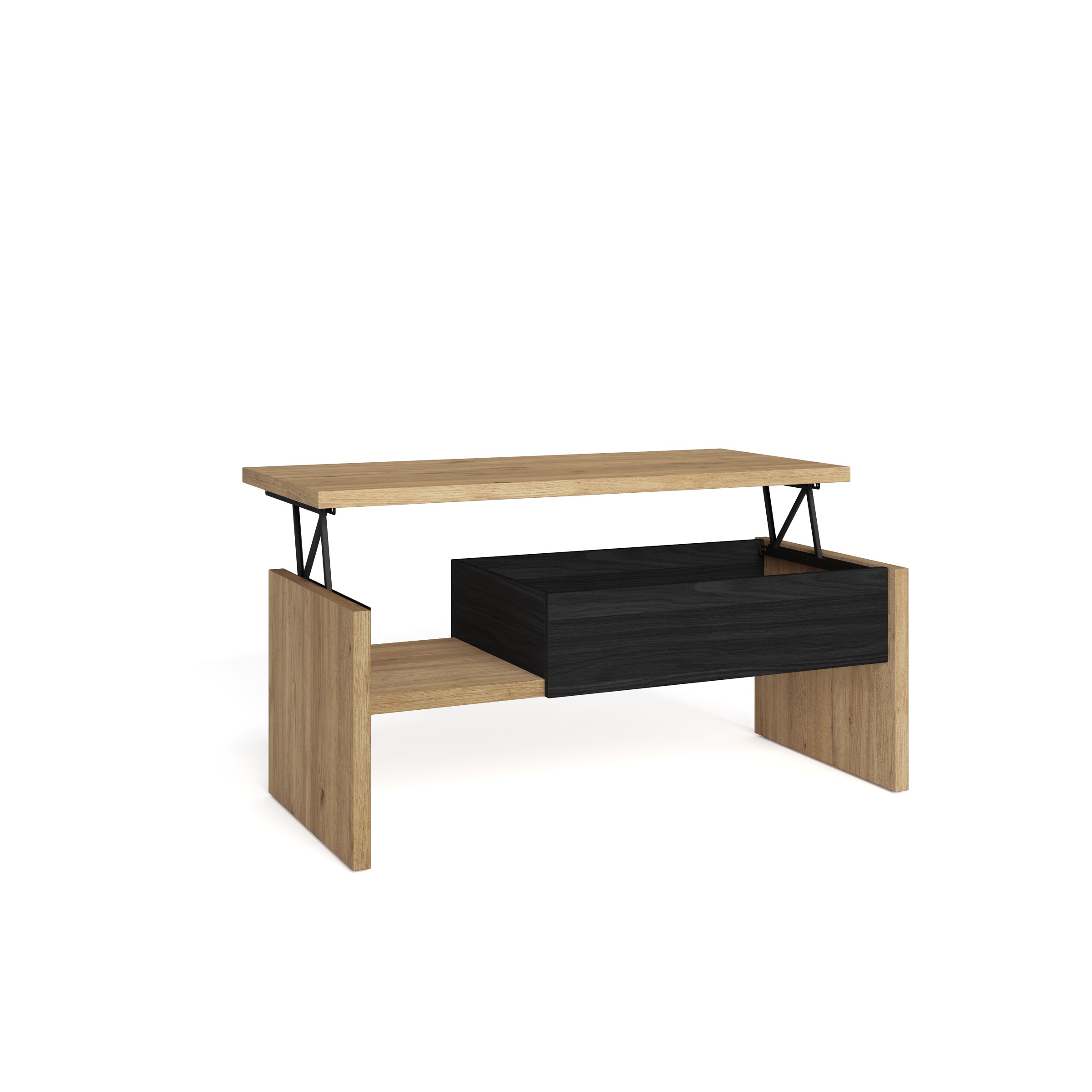 Skraut Home - Mesa de Centro Elevable - Mesa Auxiliar Salón Comedor - 110x50x45 cm - Mesa de Comedor - Estilo Moderno - Color Roble y negro - dimensiones con la bandeja elevada 110x50x56cm