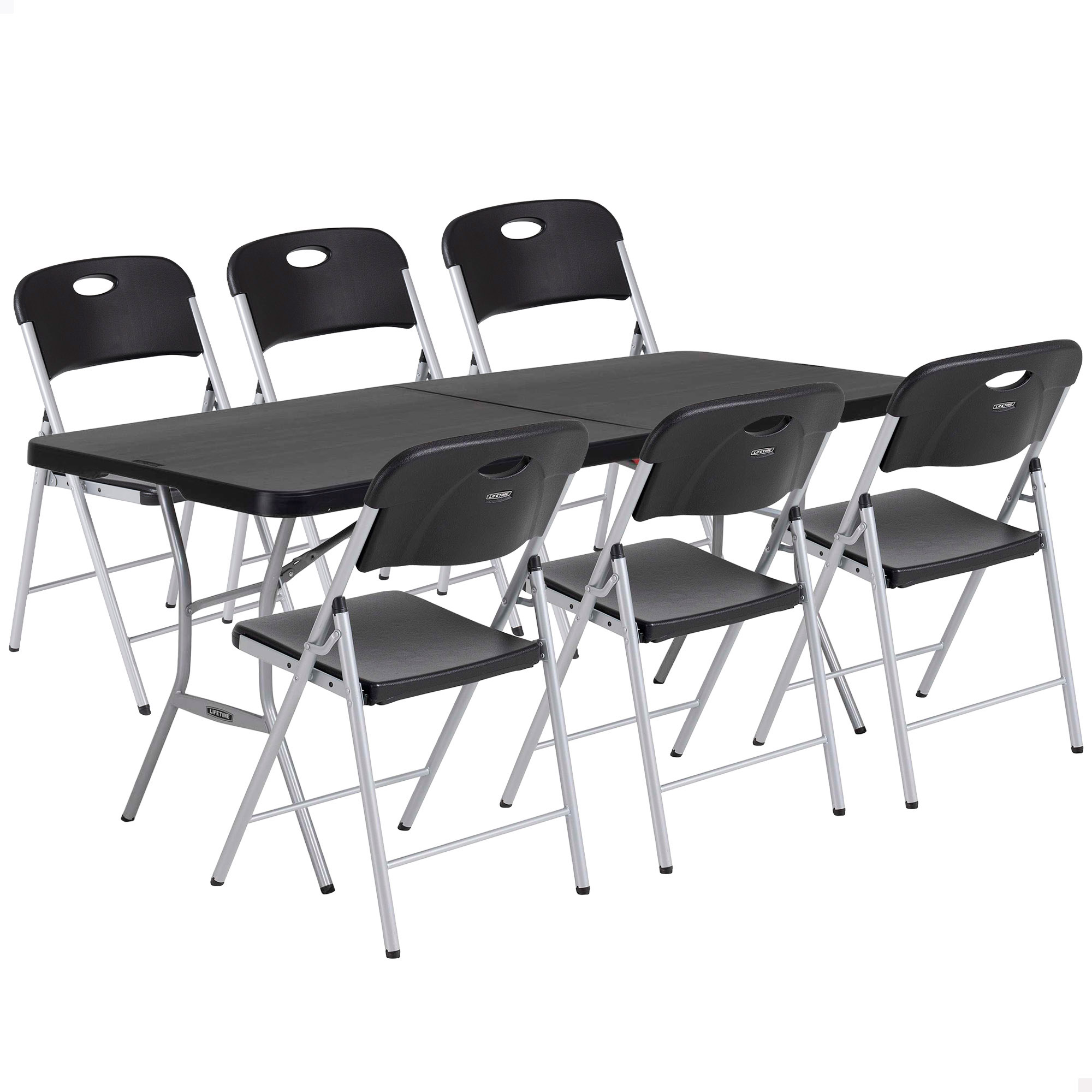 Lifetime - Pack mesa rectangular 183 cm y 6 sillas plegables, color negro, fabricadas en HDPE y acero resistente, con protección UV, patas con topes protectores, ideal para interior y exterior, perfecto para evento, jardín y hostelería