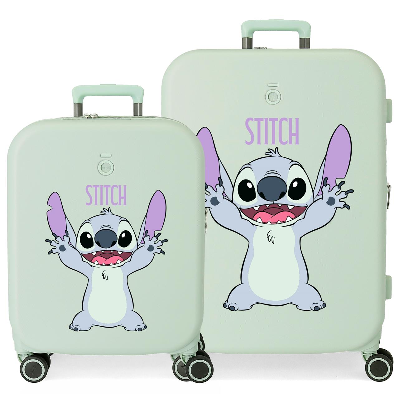 Juego de maletas Stitch Playful  compuesto por una maleta de cabina de 40 x 55 x 20 cm con 37L y 2,8 kg y una maleta grande de 48 x 70 x 28 cm de 79L y 4,0 kg. Fabricadas en ABS, un material resistente y ligero.