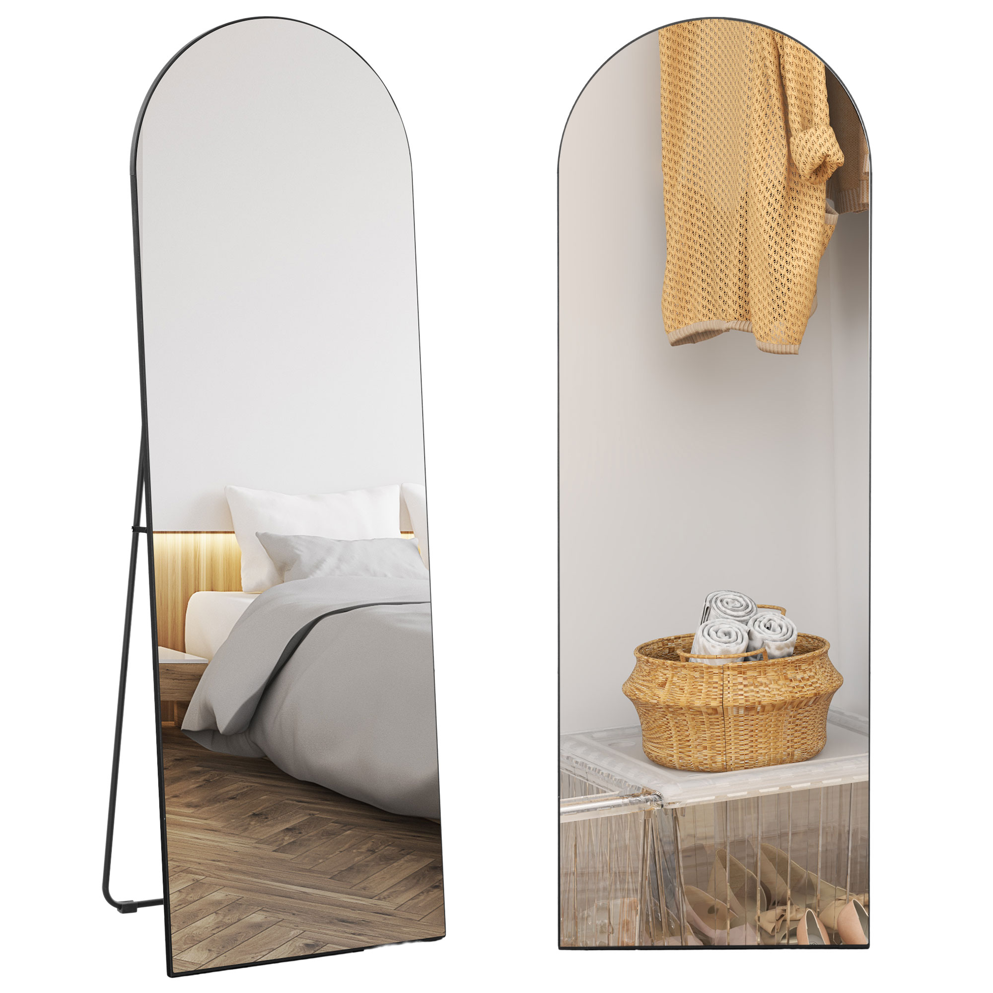 HOMCOM Espejo de Cuerpo Entero, 150x50 cm, Espejo de Pie Arqueado, Sin Marco, Independiente, Apoyado y de Pared, para Dormitorio, Salón, Negro