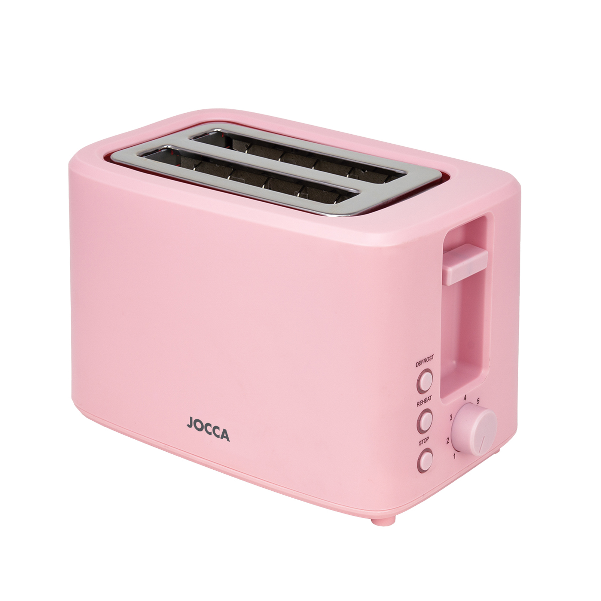 Tostadora Jocca rosa de la línea Sweet con doble ranura ancha para diferentes panes y bollerías diseñado para que este centrado logrando un tostado uniforme, cuenta con 7 niveles y la función de descongelar, recalentar y cancelar junto a 700W de potencia