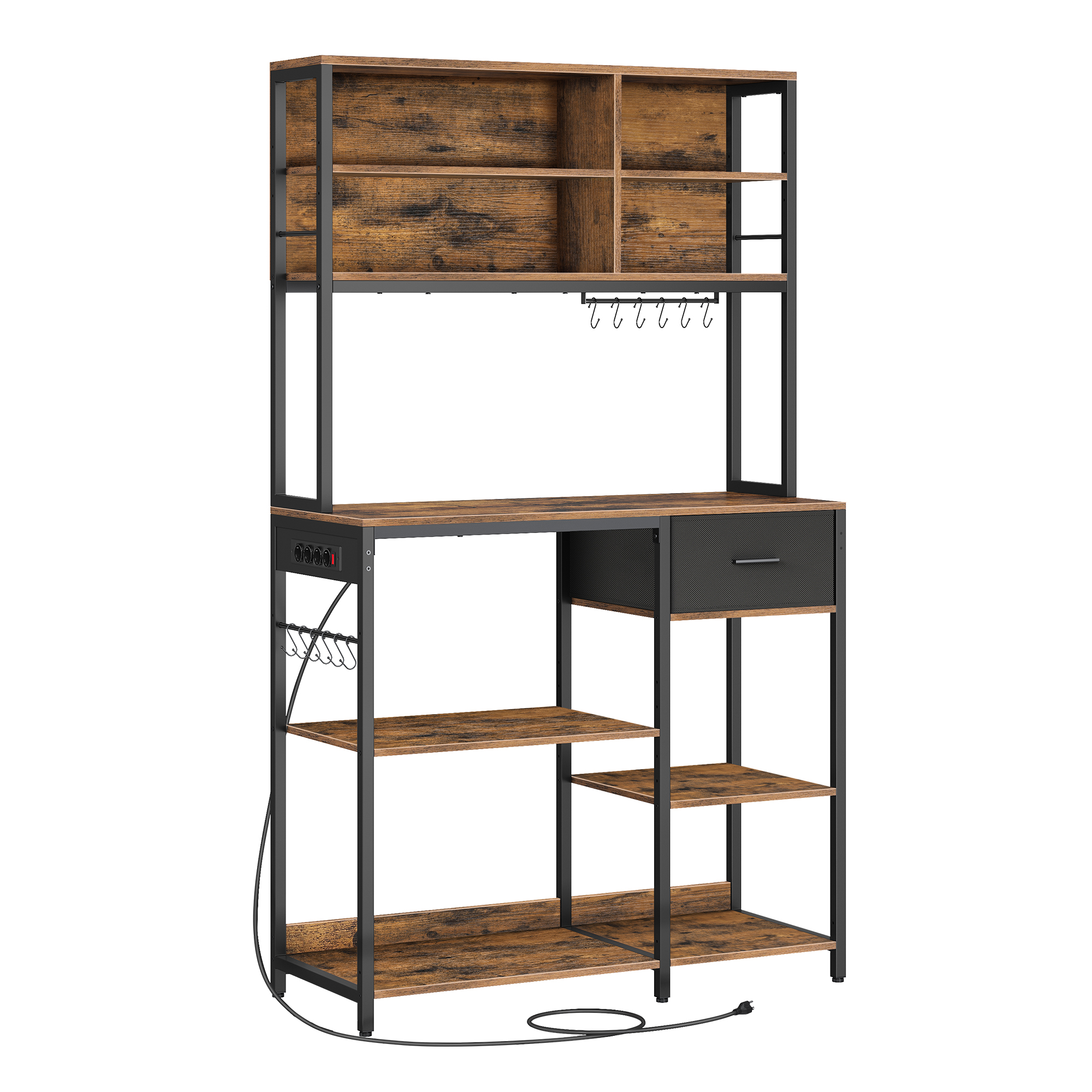 VASAGLE Estantería de Cocina con Multienchufe, Armario de Cocina con Estantes Ajustables, Cajón de Tela, 12 Ganchos, Estante para Microondas, Marrón Rústico y Negro Tinta