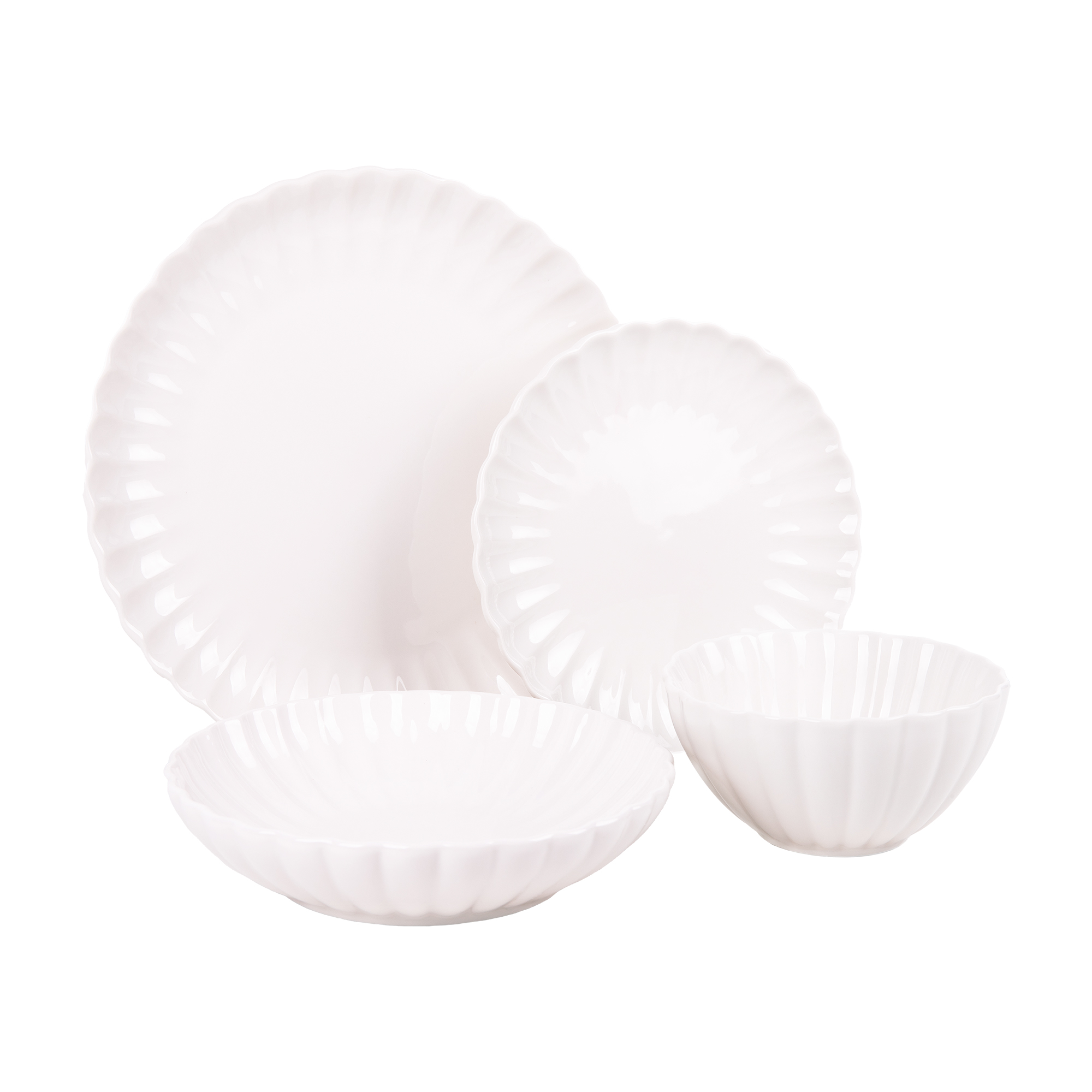Cofan Vajilla de porcelana esmaltada | Juego de 16 piezas | Diseño en relieve | Color: blanco | Apta para lavavajillas_ microondas y horno