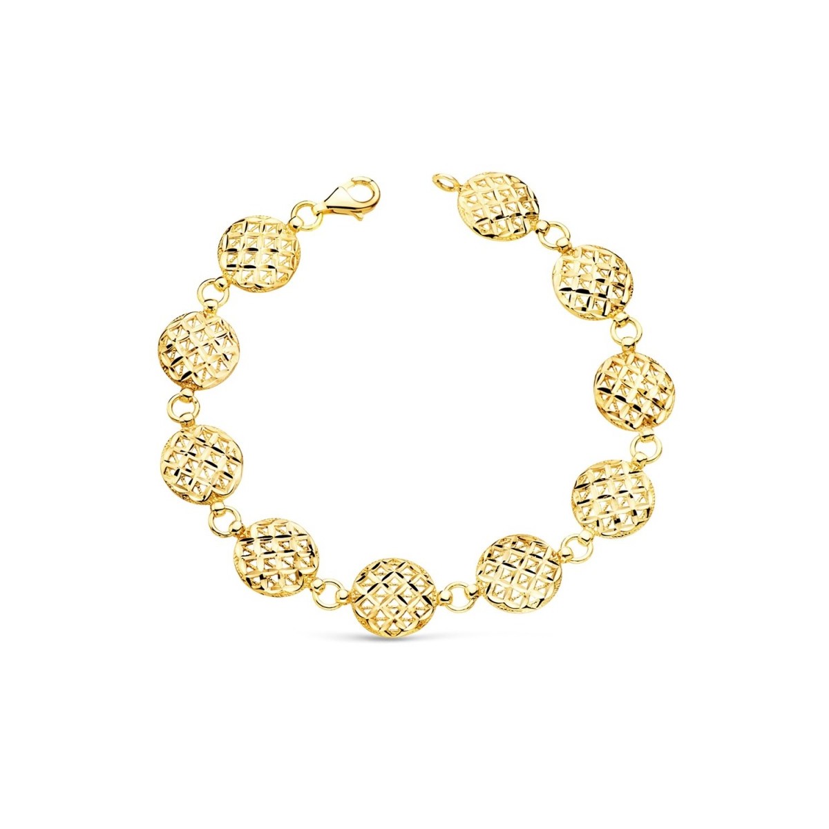 Pulsera oro 18k articulada 20.5cm. eslabones redondos calados tallados cierre mosquetón