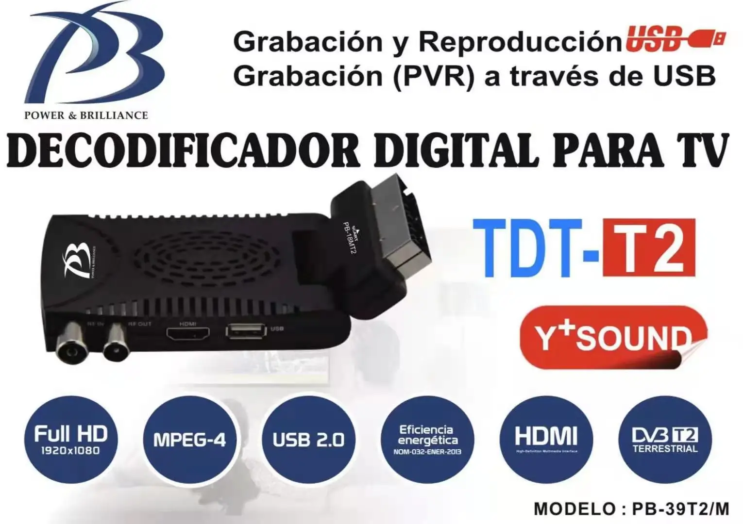 PB - Receptor-Grabador TDT-T2 Mando a Distancia USB 2.0 HDMI DVB-T2 FULL HD  