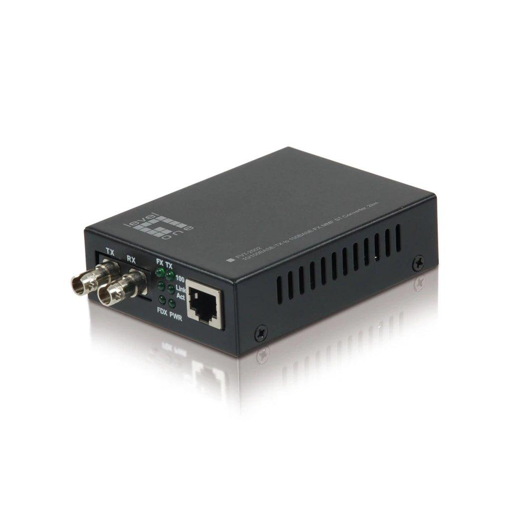 HUB Switch puertos RJ45 LEVELONE LO FVT-2002  | Ethernet (RJ45) y puerto óptico fibra multimodo ST, enlace hasta 2 km, Negro