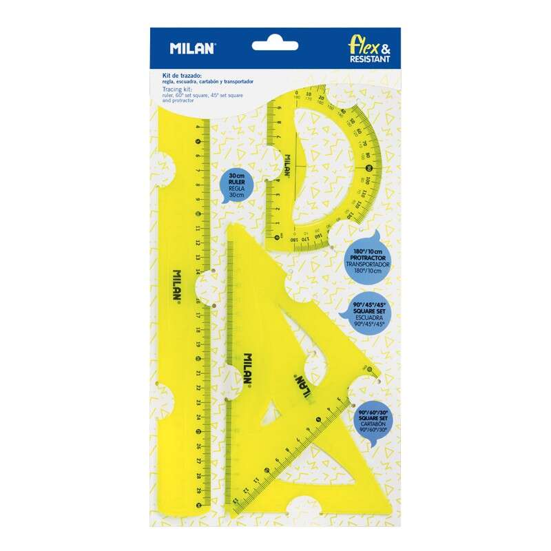 Milan pack de 4 reglas flexibles y resistentes - regla, escuadra, cartabon y transportador - color amarillo