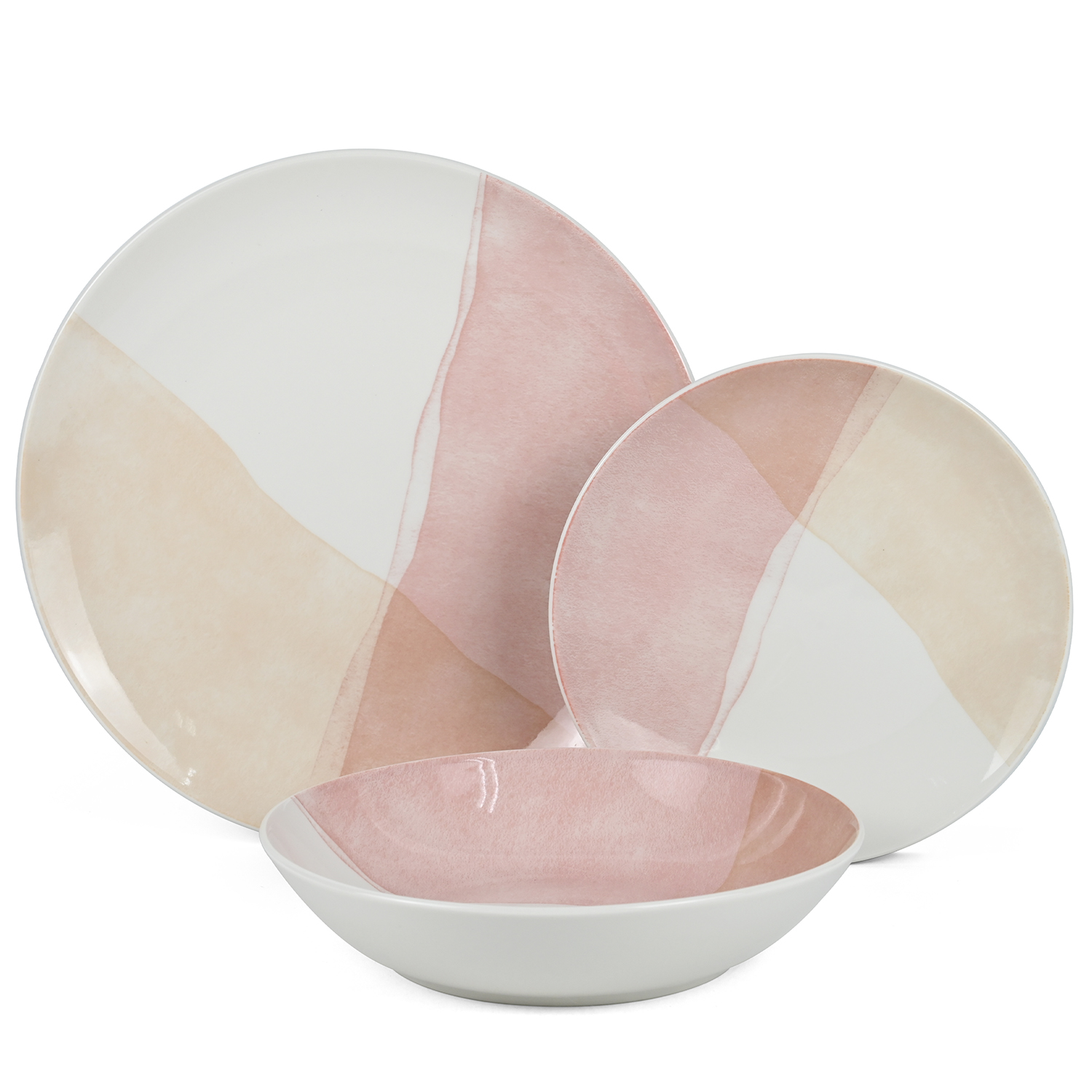Vajilla 18 pzs porcelana tonosrosa, plato llano: diametro 27cm postre: 19cm, hondo: 20x4cm