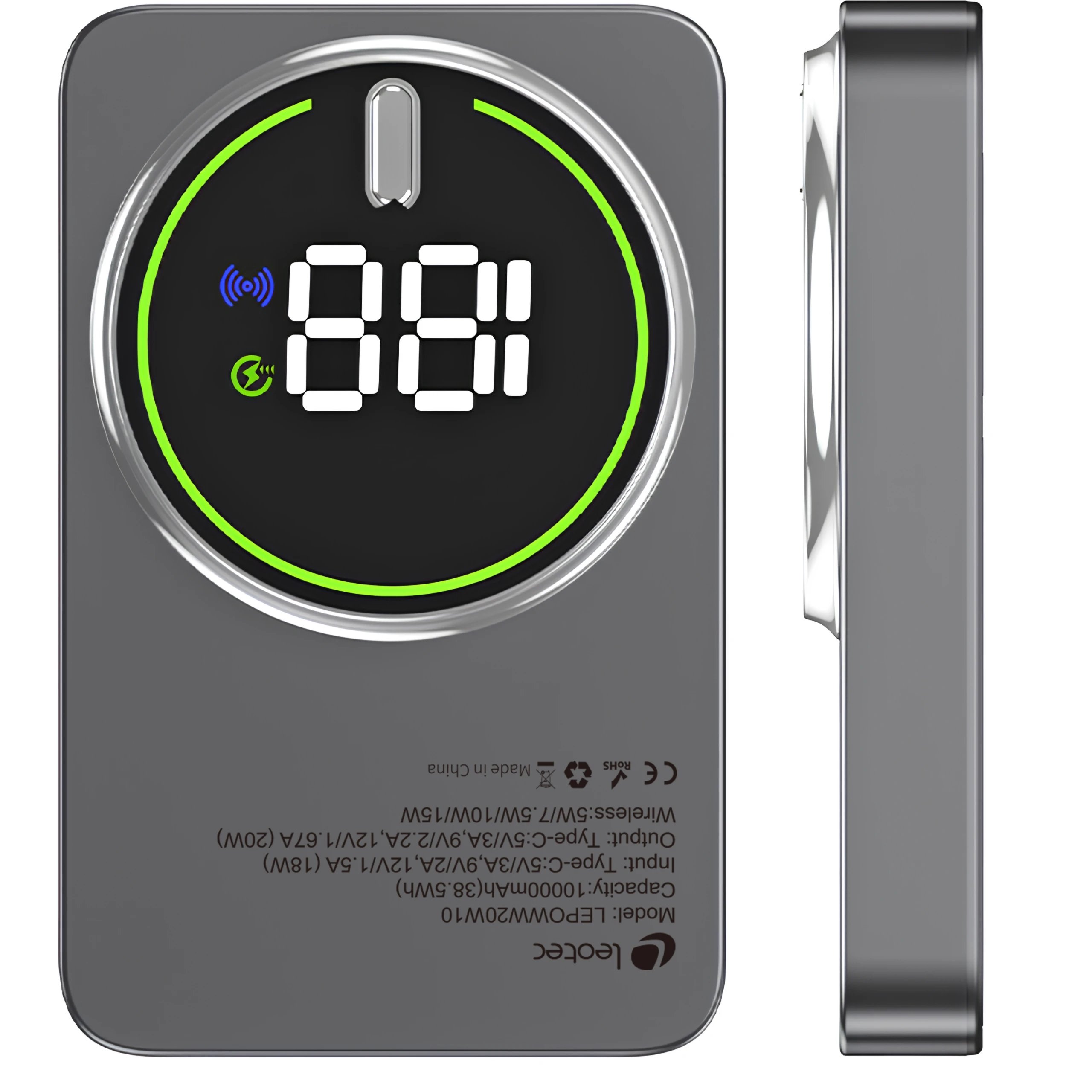 Leotec - Batería externa inalámbrica Power Bank LB10230155 de 10000 mAh con carga rápida de 20 W, diseño gris elegante y compacto para uso diario, viajes y oficina