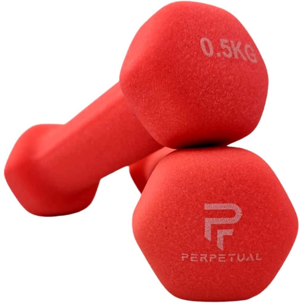 PERPETUAL Mancuernas Disponibles en 0.5KG/1KG/1.5KG/2KG/3KG (2 unidades) y Sets 6/12KG Pesas Ligeras Pequeñas Hexagonales Neopreno Pilates Hombre Mujer Ejercicio Gimnasio Casa Fitness Dumbbell