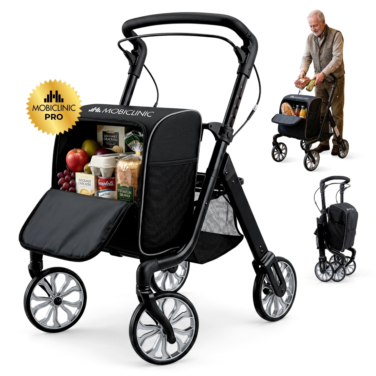 Andador para la compra con mochila Mobiclinic Plegable Altura regulable max peso 136 kg ruedas 360 grados Negro Formen