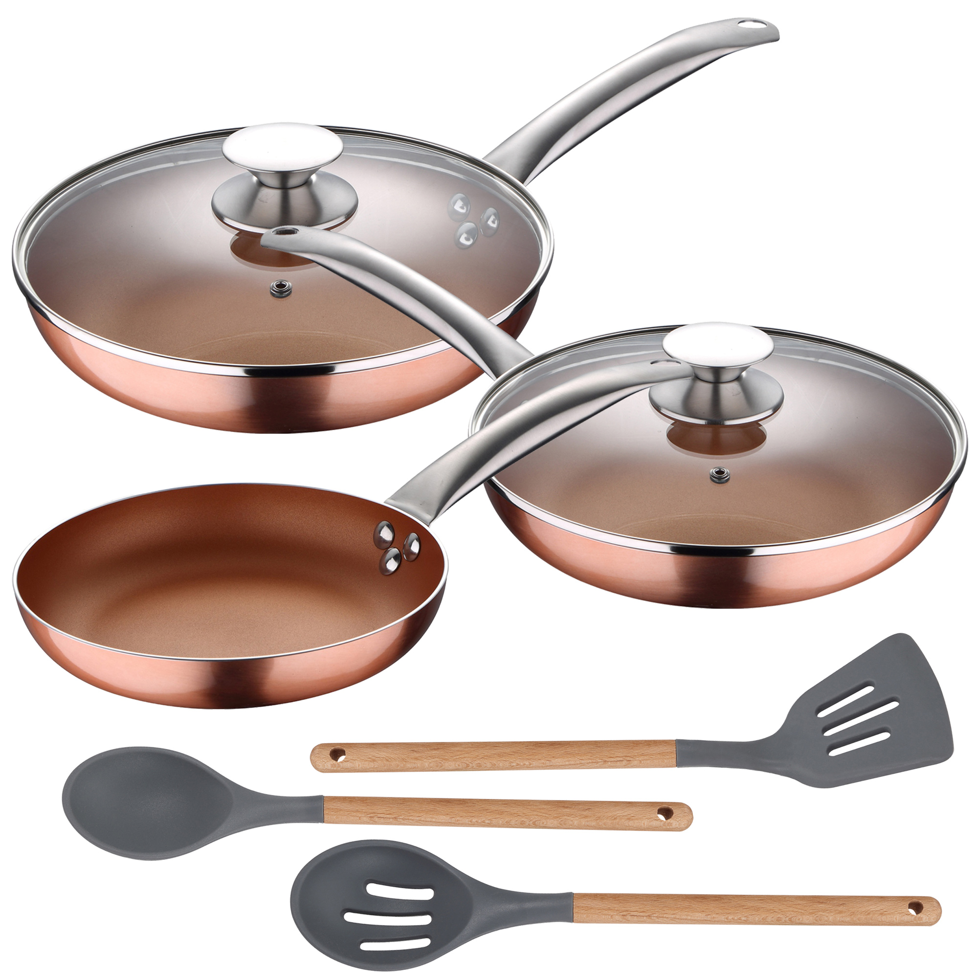 San Ignacio Set 5 Piezas Sartenes Aluminio Prensado Inducción + 3 Utensilios Silicona Madera
