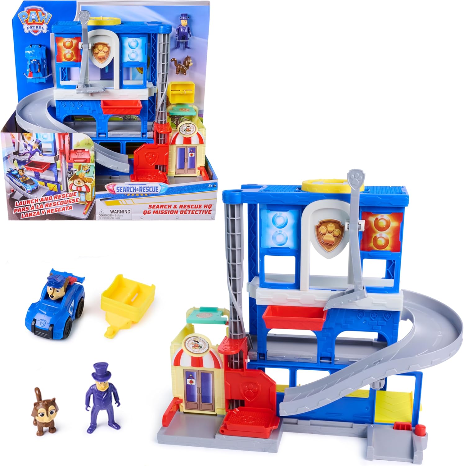 PATRULLA CANINA - Paw Patrol Patrulla Canina - Base de Rescate con Lanzador y Ascensor Search & Rescue + Coche de Chase, Humdinger y Gatito - Patrulla Canina Juguetes, Regalo Niño 3 años +, Juguetes Niños 3 años