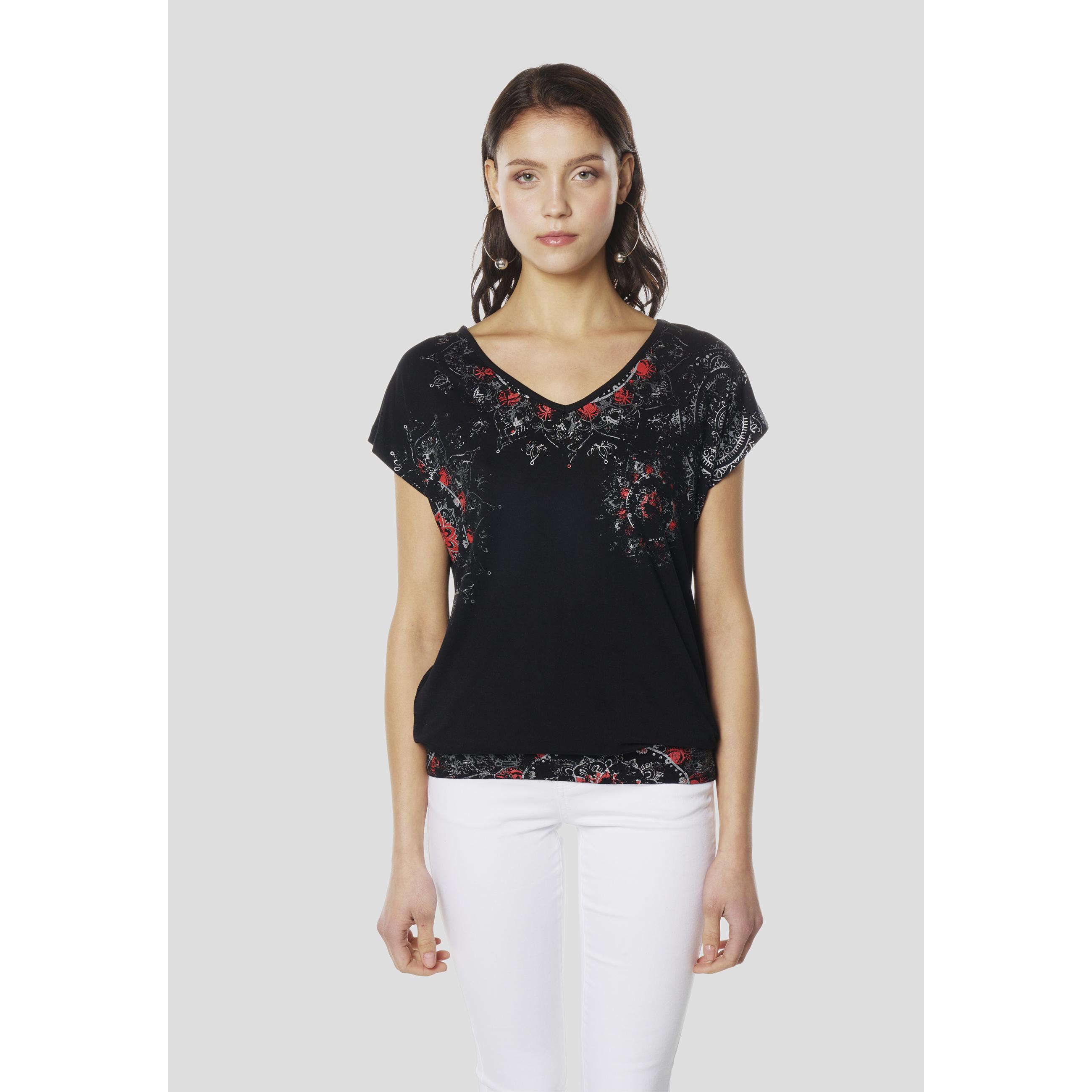 Koroshi Camiseta Mujer Manga Corta Escote Pico Estampado Floral – Koroshi Negra