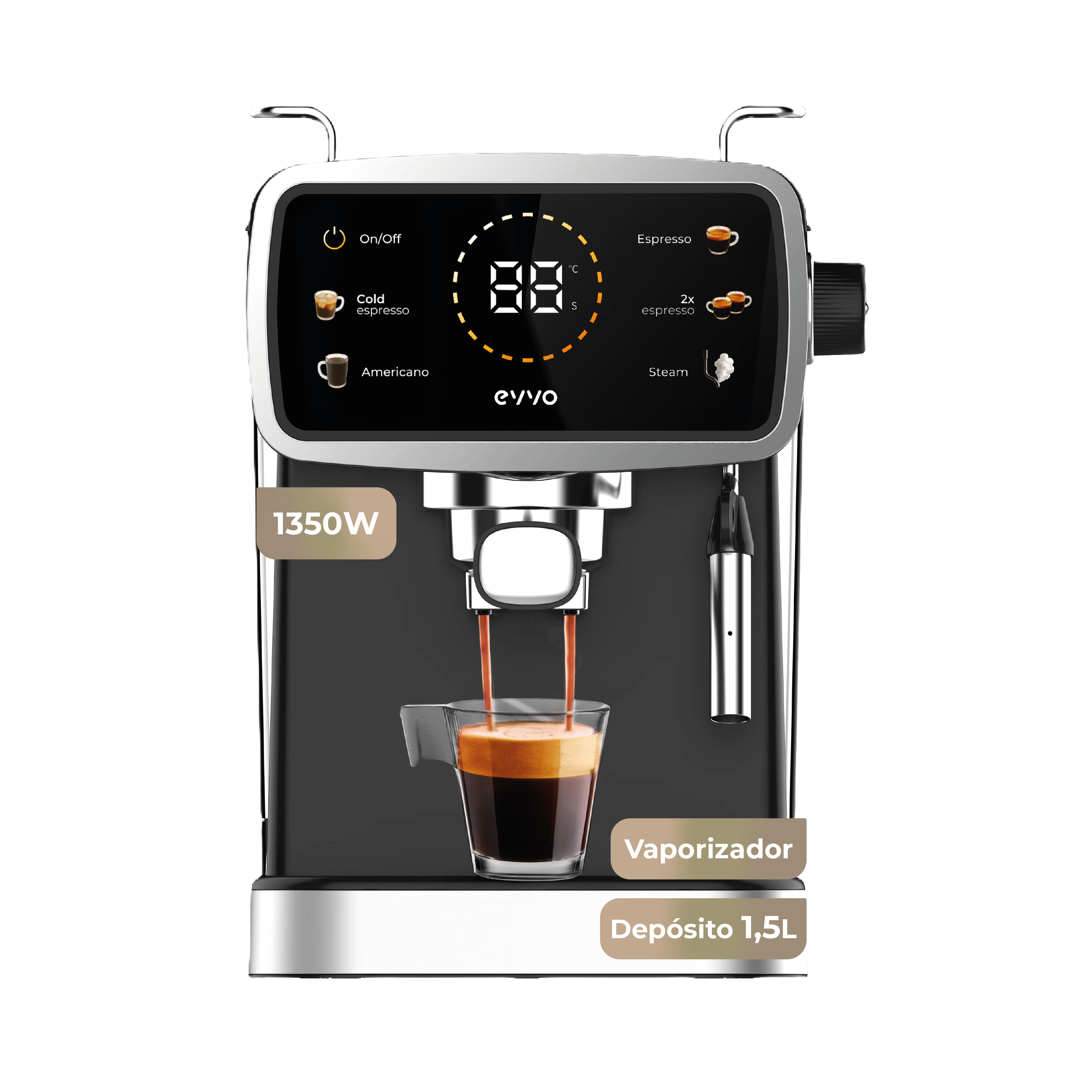 EVVO Cafetera Express Intensa 30, panel táctil a color, 20 bares de presion, Espressos y Capuccinos, 1350W, Depósito de 1,5 l
