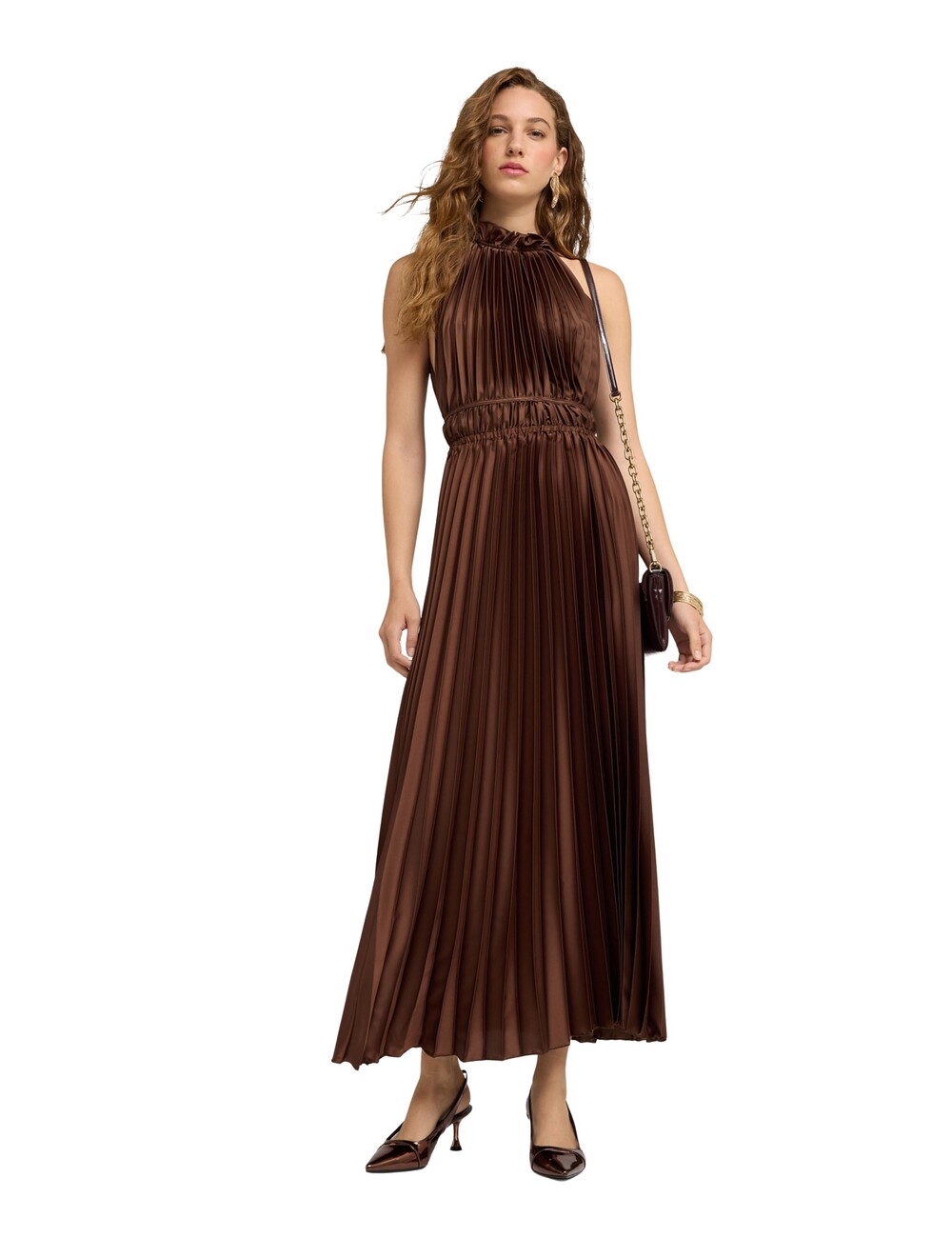Motivi - Vestido largo de satén plisado con escote en la espalda