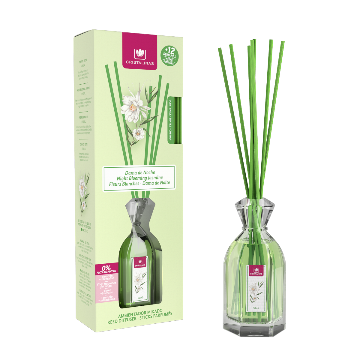 CRISTALINAS Ambientador Mikado Gama Clásica 90ML - 0% Alcohol. Más de 12 semanas de duración. Variedad de aromas: Azahar, Moras, Bebé y Colonia, Frutos del Bosque, Cerezo, Jazmín, Dama de Noche, Brisa Marina, Sándalo y Cedro