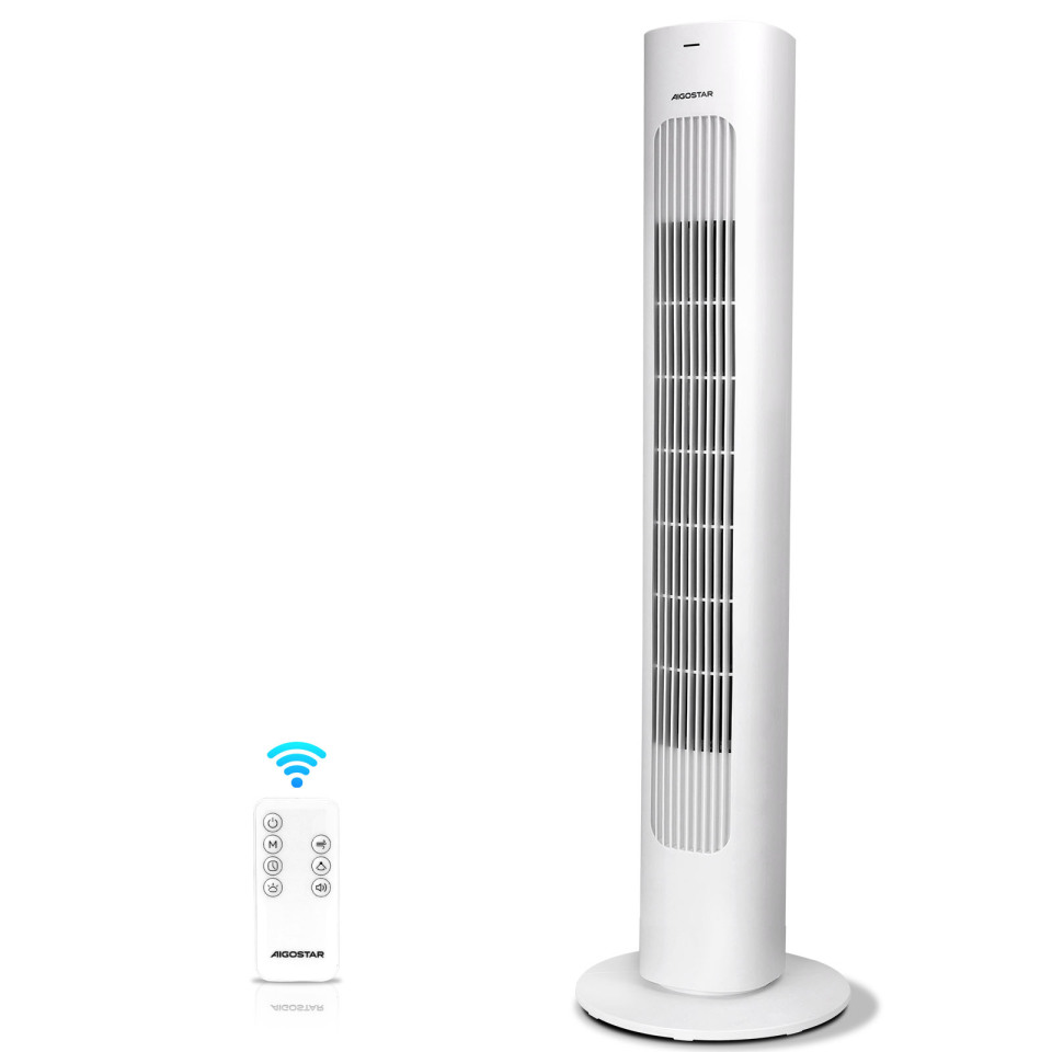 Aigostar Ventilador de Torre Silencioso con Mando a Distancia – 3 Velocidades y 3 Modos, Oscilación 70°, Temporizador de 7 horas, Altura 86cm, 50W, Portátil, Blanco
