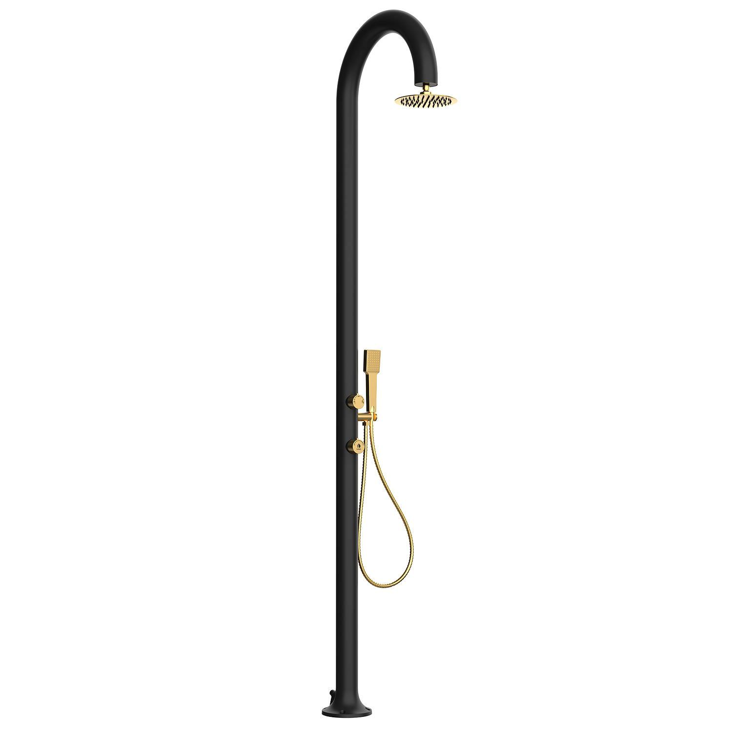 SINED Ducha de Aluminio Negra y Dorada con ducha de mano Móvil para Agua Caliente y Fría Ducha Superior Redonda Antical Doble Conexión Inferior y Lateral Para exteriores LUNA ALU D NERA ORO