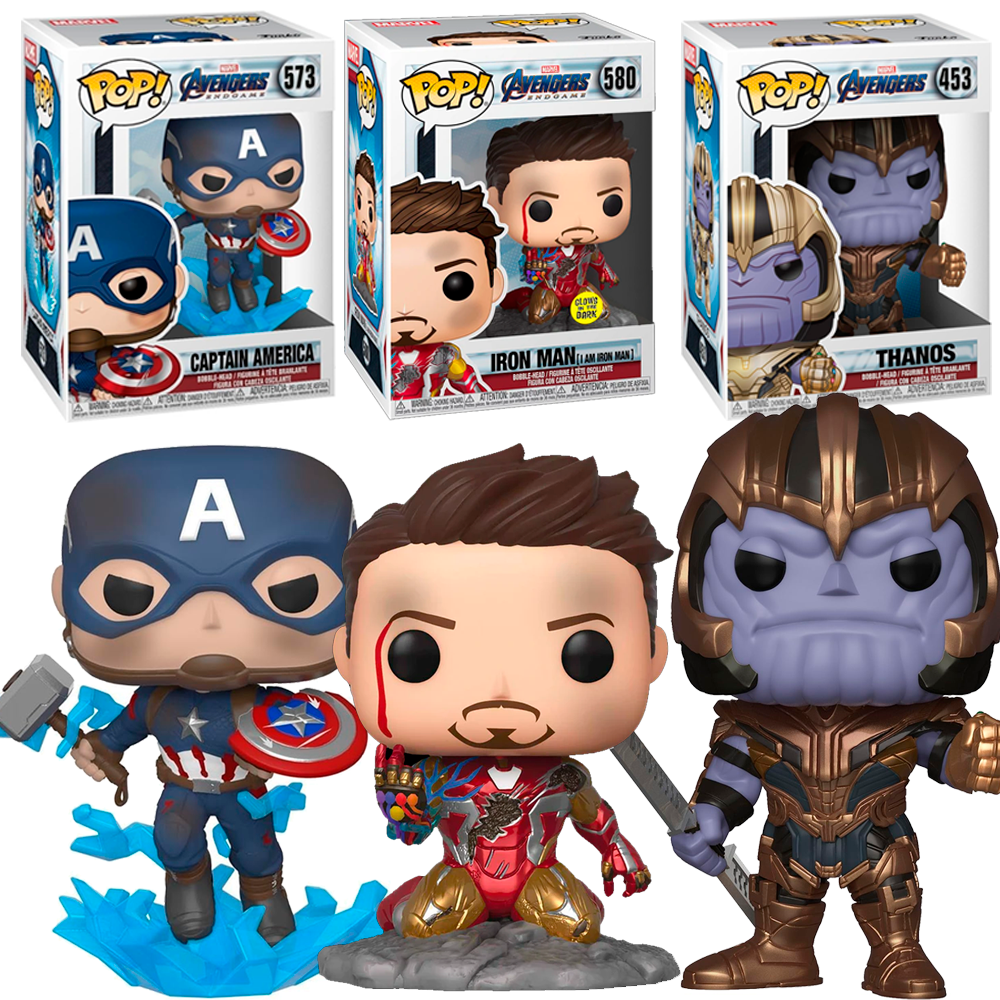 Funko Pack 3 Funkos Thanos Iron Man Tony Stark chasquido GITD exclusivo  Capitan America Mjolnir martillo  Endgame Avengers Vengadores  Marvel Funko  453 573 580