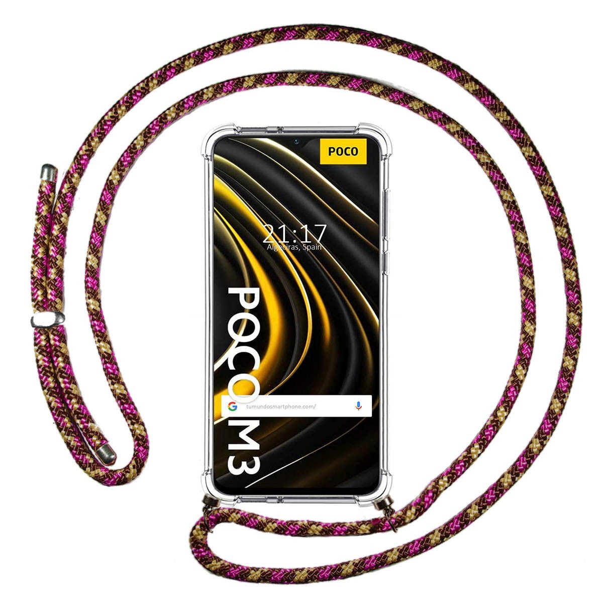Tumundosmartphone Funda Antigolpes Colgante Xiaomi POCO M3 Transparente con Cordon Rosa / Dorado