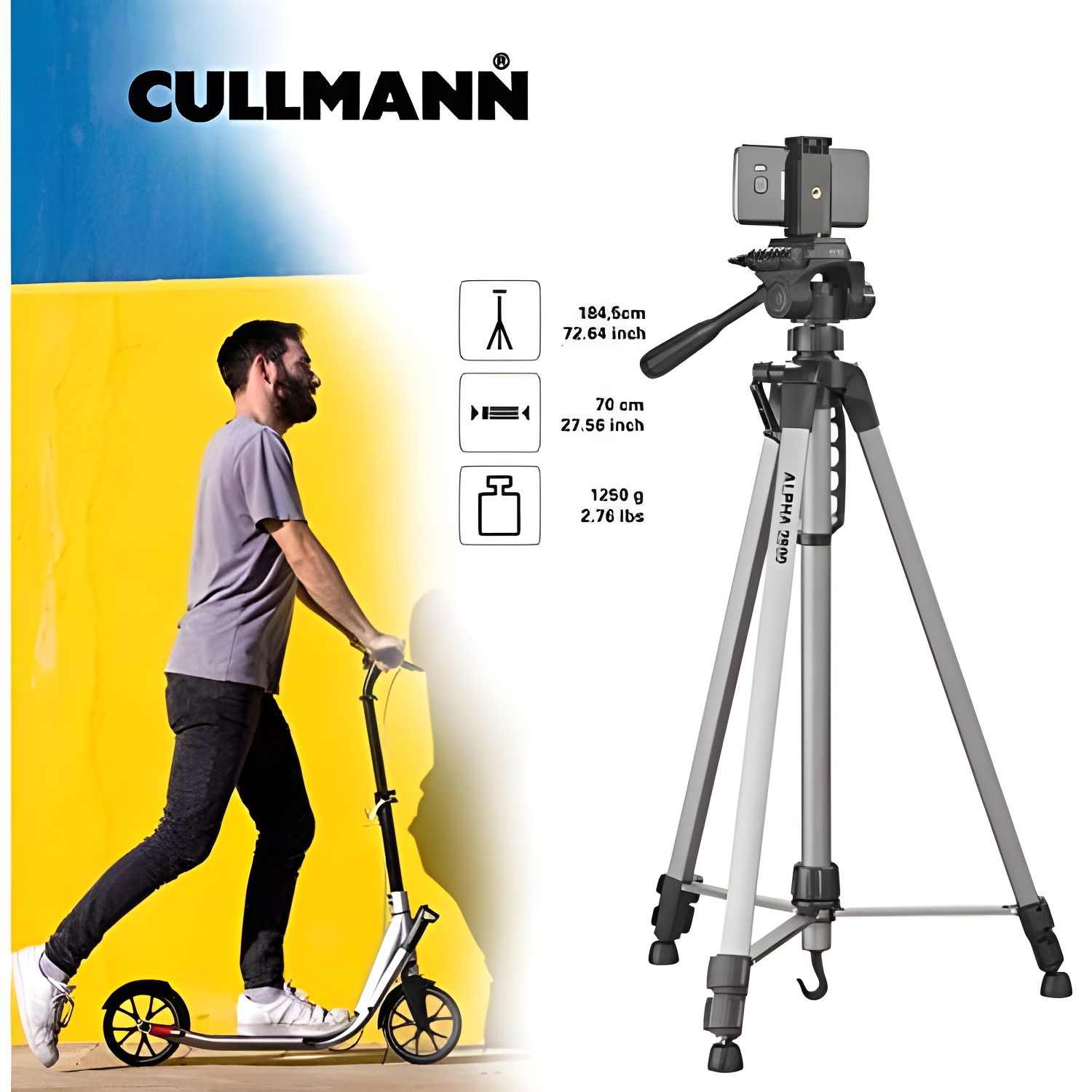 Cullmann Trípode Móvil Alpha 2800 Plata con Soporte para Smartphone y Cabeza de 3 Vías