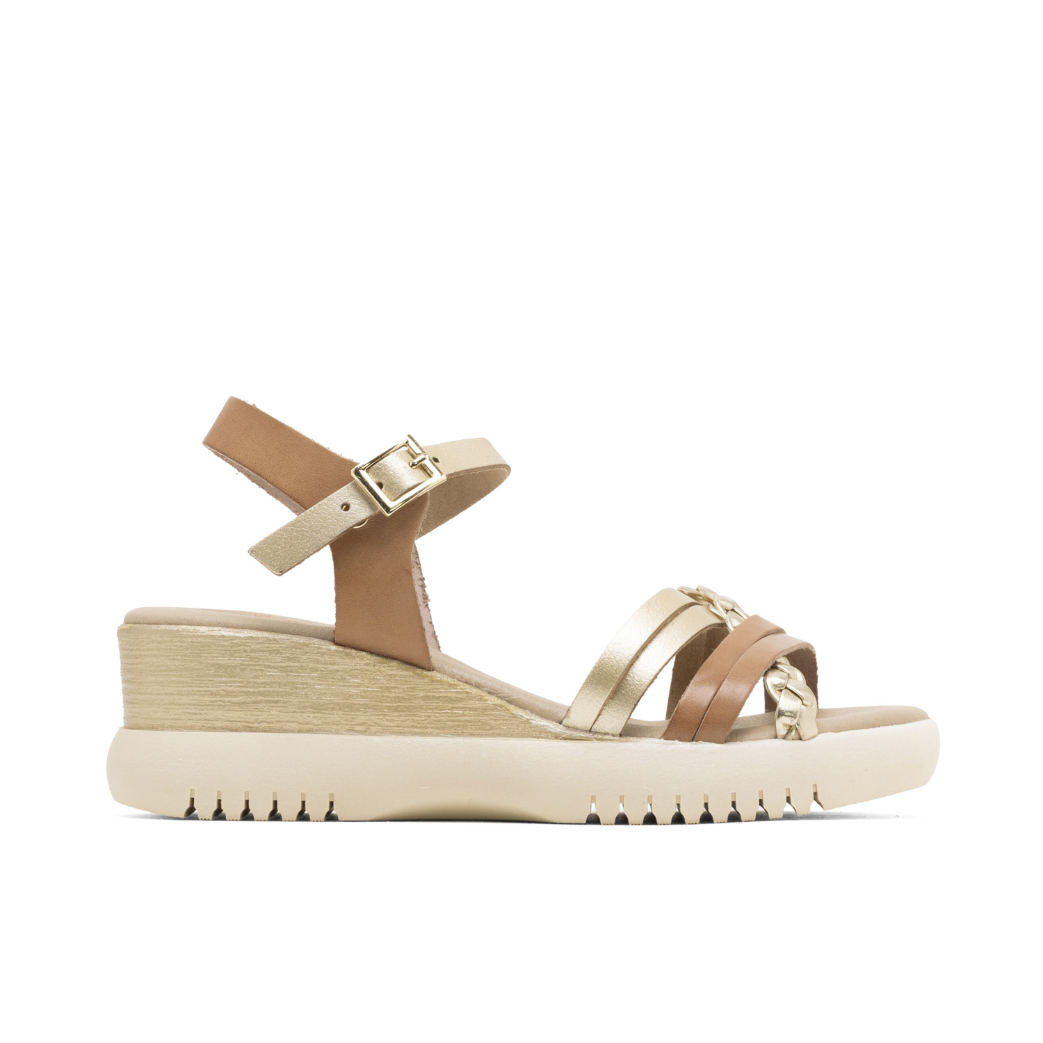 Sandalia Cuña Piel Berta Taupe Oro: Confort y Estilo Artesanal en España - Tiras Cruzadas y Ajuste Perfecto con Hebilla - Plantilla Acolchada para Máxima Comodidad - Cuña de 5 cm y Plataforma de 2 cm