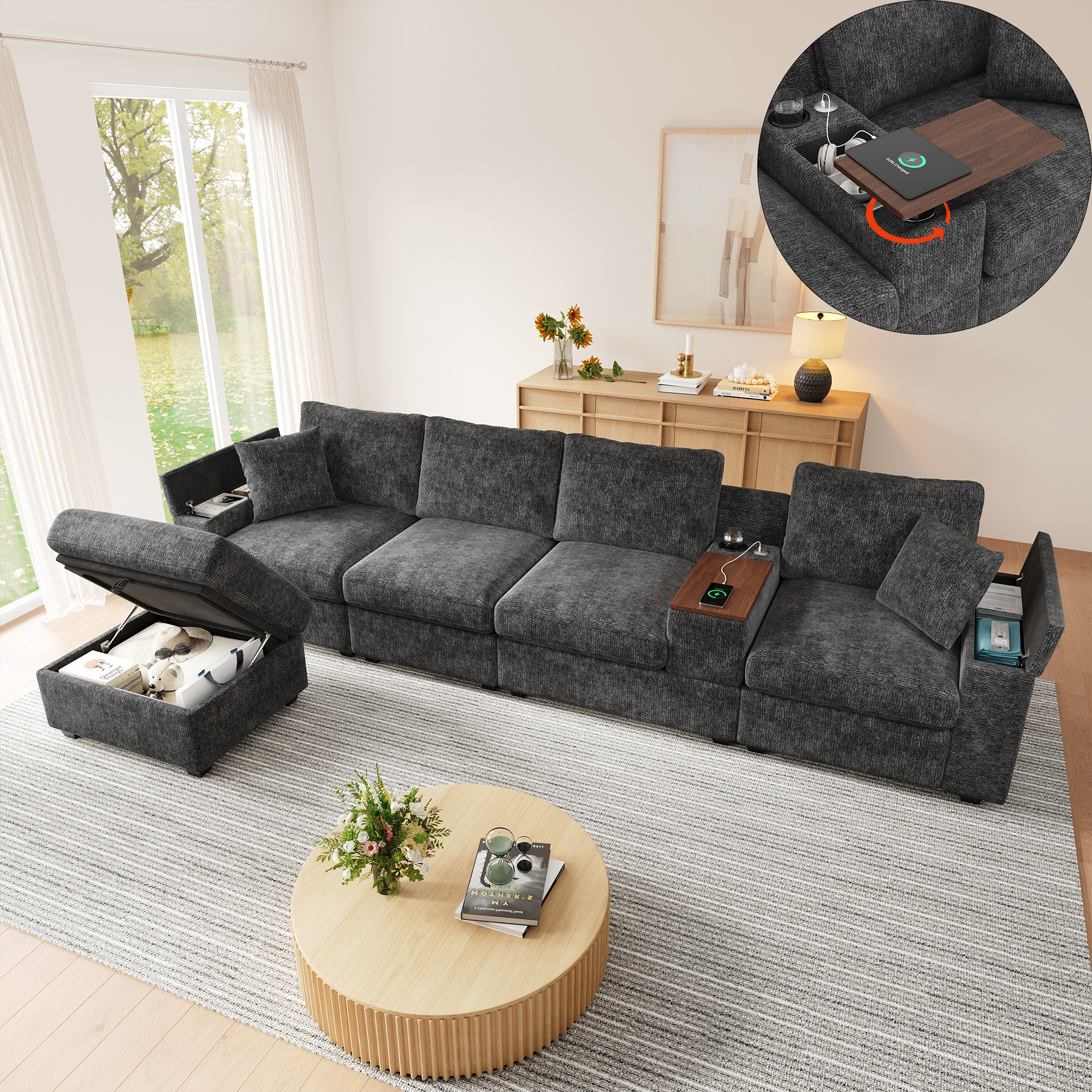 Canapé d’angle modulable 5 places gris en chenille avec ottoman, rangement, ports USB Type-C, porte-gobelets et table pivotante