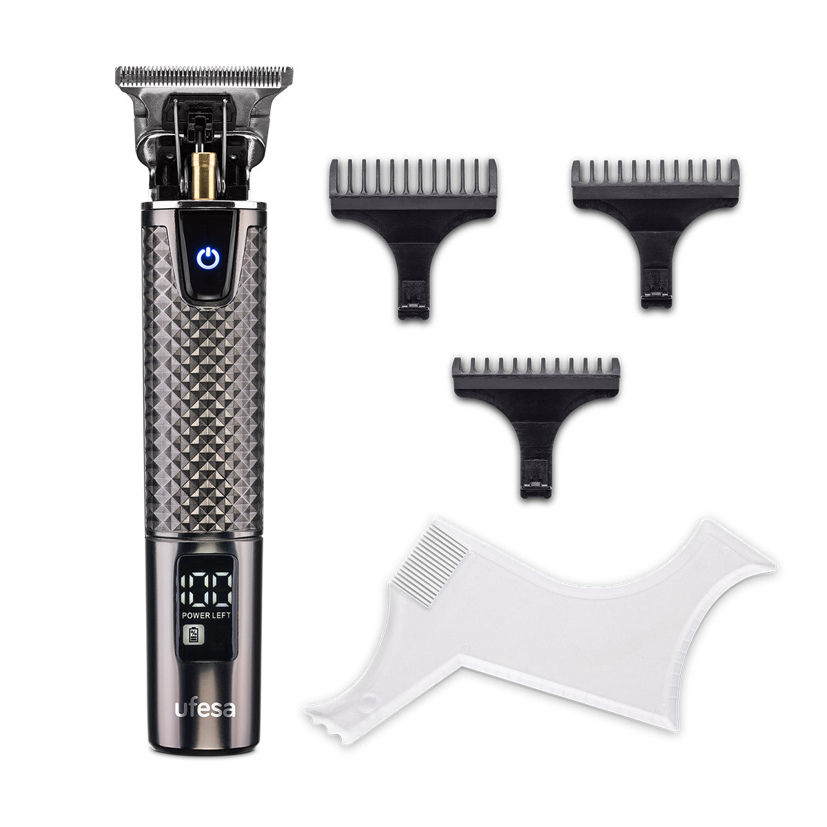 Ufesa - Cortapelos LCD CP Razor Fade para hombre, cuchilla T de acero inoxidable 40 mm, pantalla digital, batería litio 150 min, uso con/sin cable, 3 peines + plantilla 8-en-1