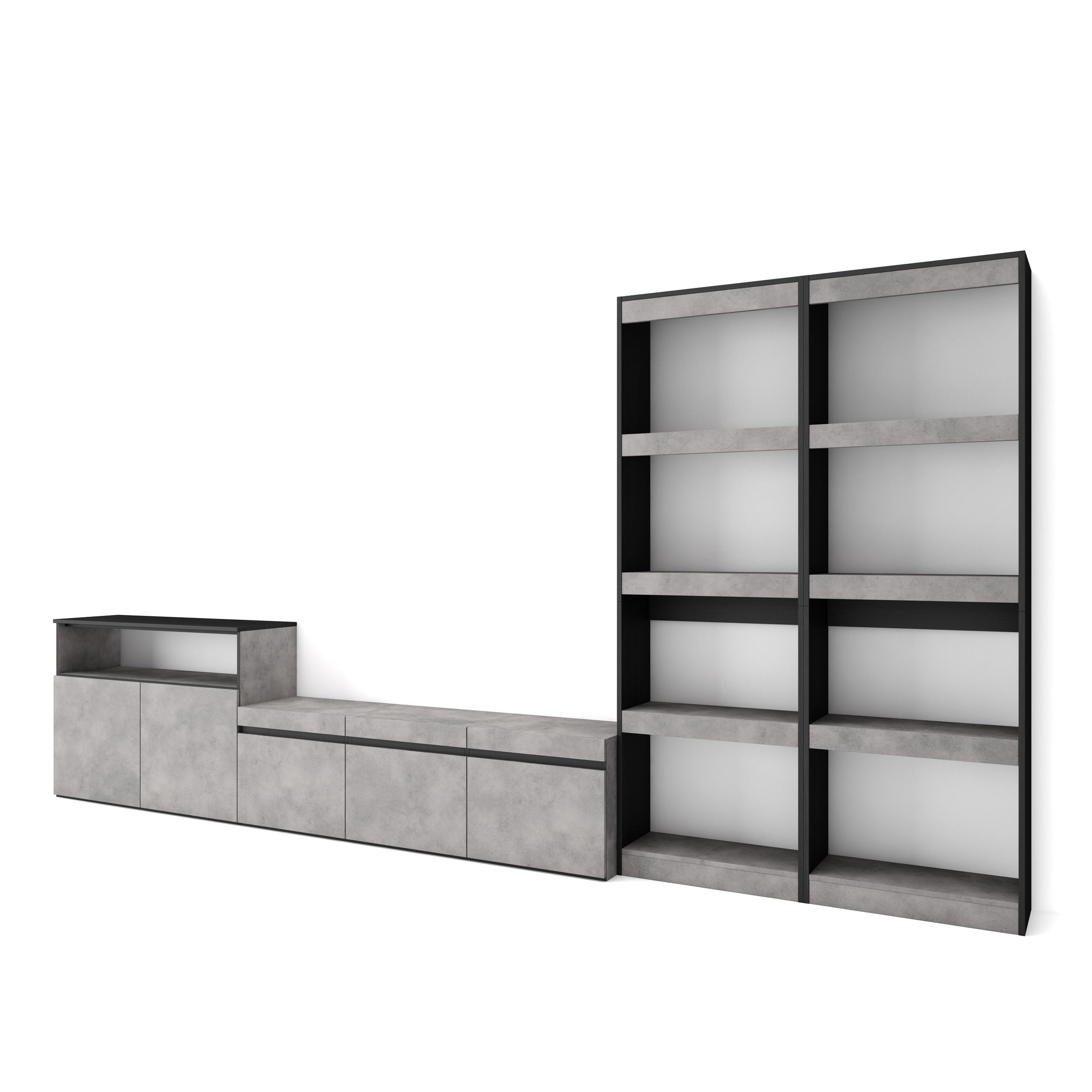 Skraut Home, Conjunto, Doble Estantería, Mueble TV, Aparador, Veteado con tacto poroso de alta calidad, 370x35x186cm, Gris Cemento