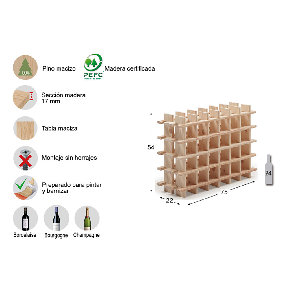 Botellero de pino macizo evolutivo rioja para 24 botellas 75 x 22 x 54 cm