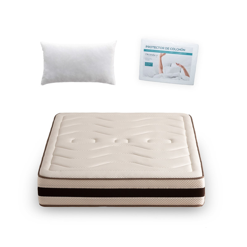 Dream&co – Pack Colchón HYPNA Viscoelástico 26 cm Alta Gama  + Almohada Fibra Hueca + Protector Algodón Rizo Ajustable