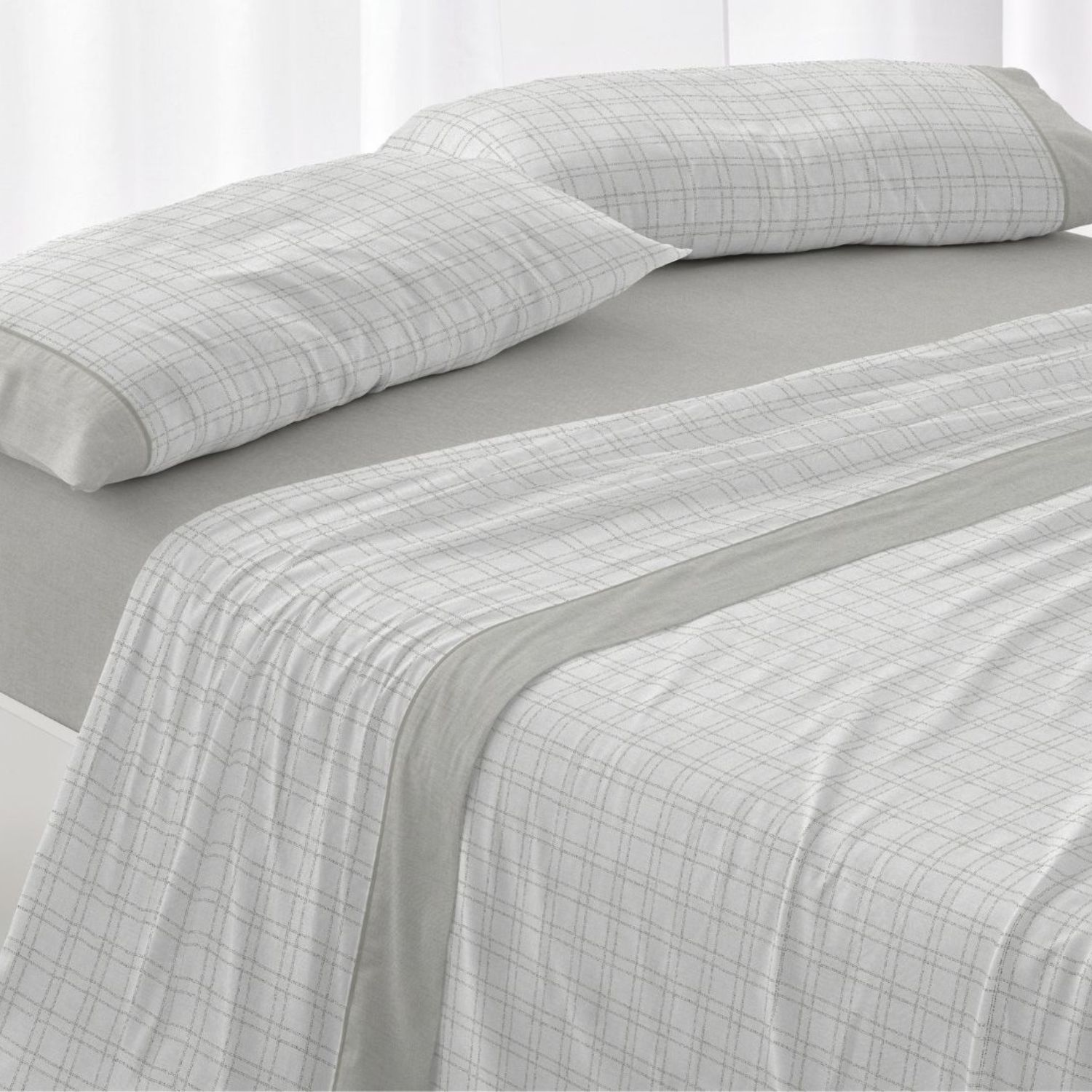 Juego Sábanas BURRITO BLANCO 100% Algodón Extrasuave Diseño Cuadros Gris - Textura Lino, Larga Duración, Anti-Pilling - Cama 90-200cm