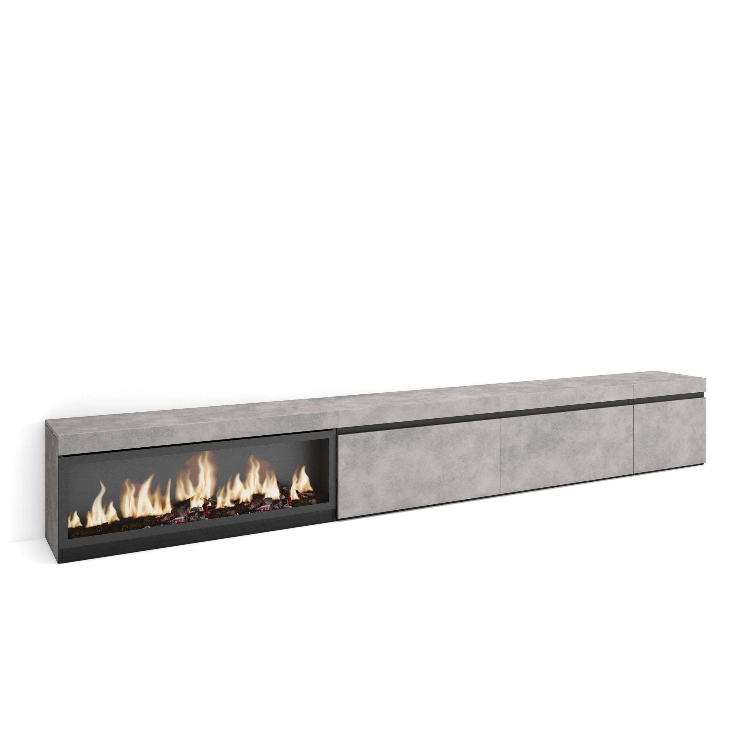 Skraut Home, Mueble TV, Televisión, Muebles de salón, almacenaje, 317x35x45cm, Chimenea eléctrica XXL led efecto fuego 3d, color Gris Cemento