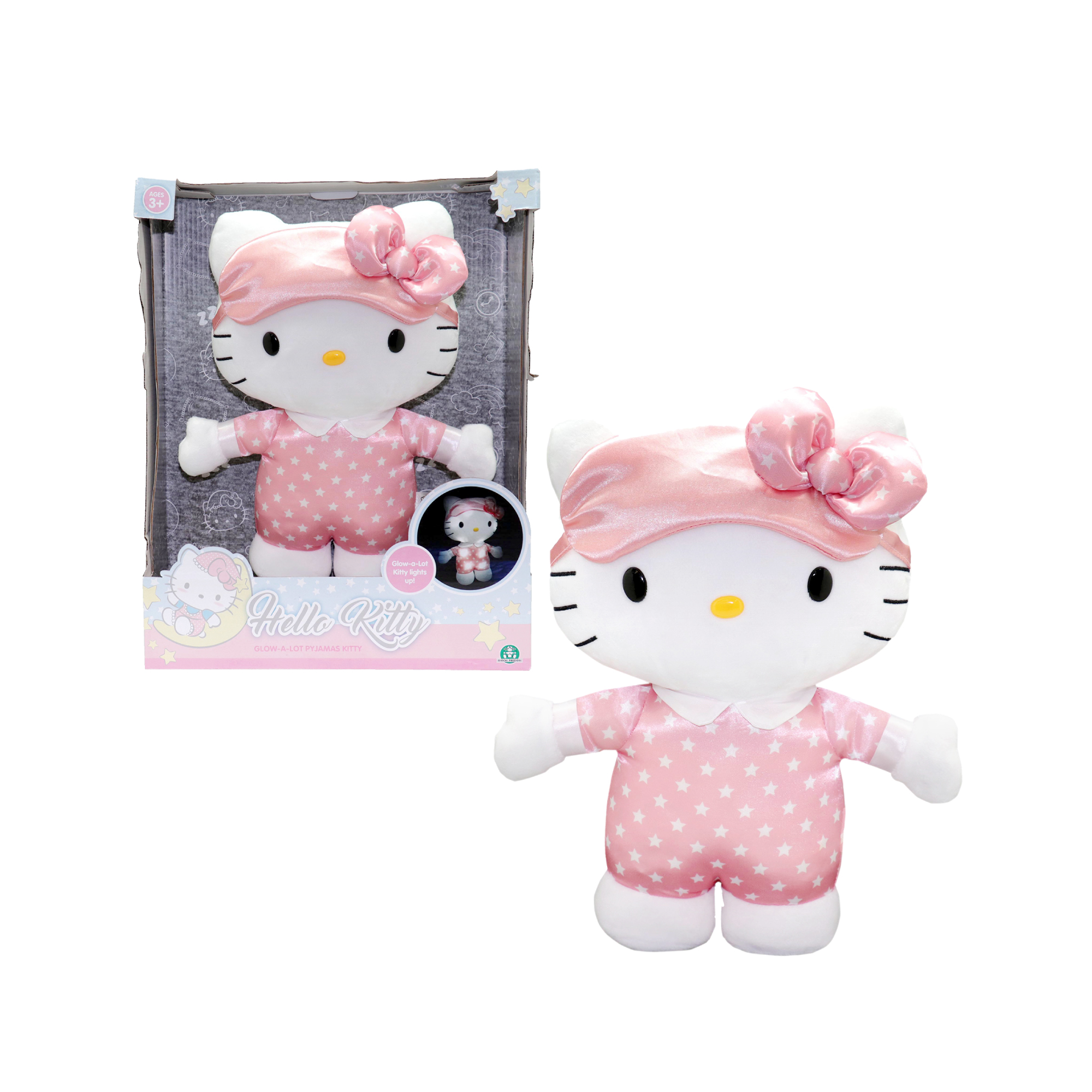 Hello Kitty - Peluche Luminoso Hora de Dormir, Peluche de 35 cm con Luz, Composición Blandita y Agradable y Lleva un Pijama Adorable, Juguete Sensorial para Niños, Famosa (HKT10000)