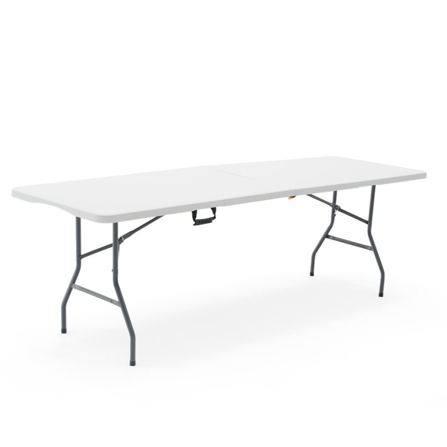 Gardiun Mesa Plegable y Portátil Gardiun New Koln 240x74x74 cm de Resina en Color Blanco con Asa Lateral y Sistema de Bloqueo