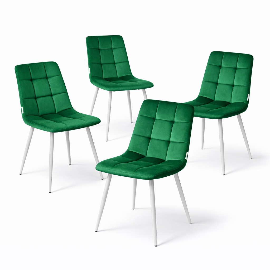 Minimal DECO Pack de 4 Sillas de Comedor Modernas Color Emerald Tapizadas en Terciopelo Acolchado con Patas Metálicas Blancas o Negras, Diseño Nórdico Elegante con Respaldo Ergonómico para Cocina, Salón y Comedor Moderno 54x44x90 cm