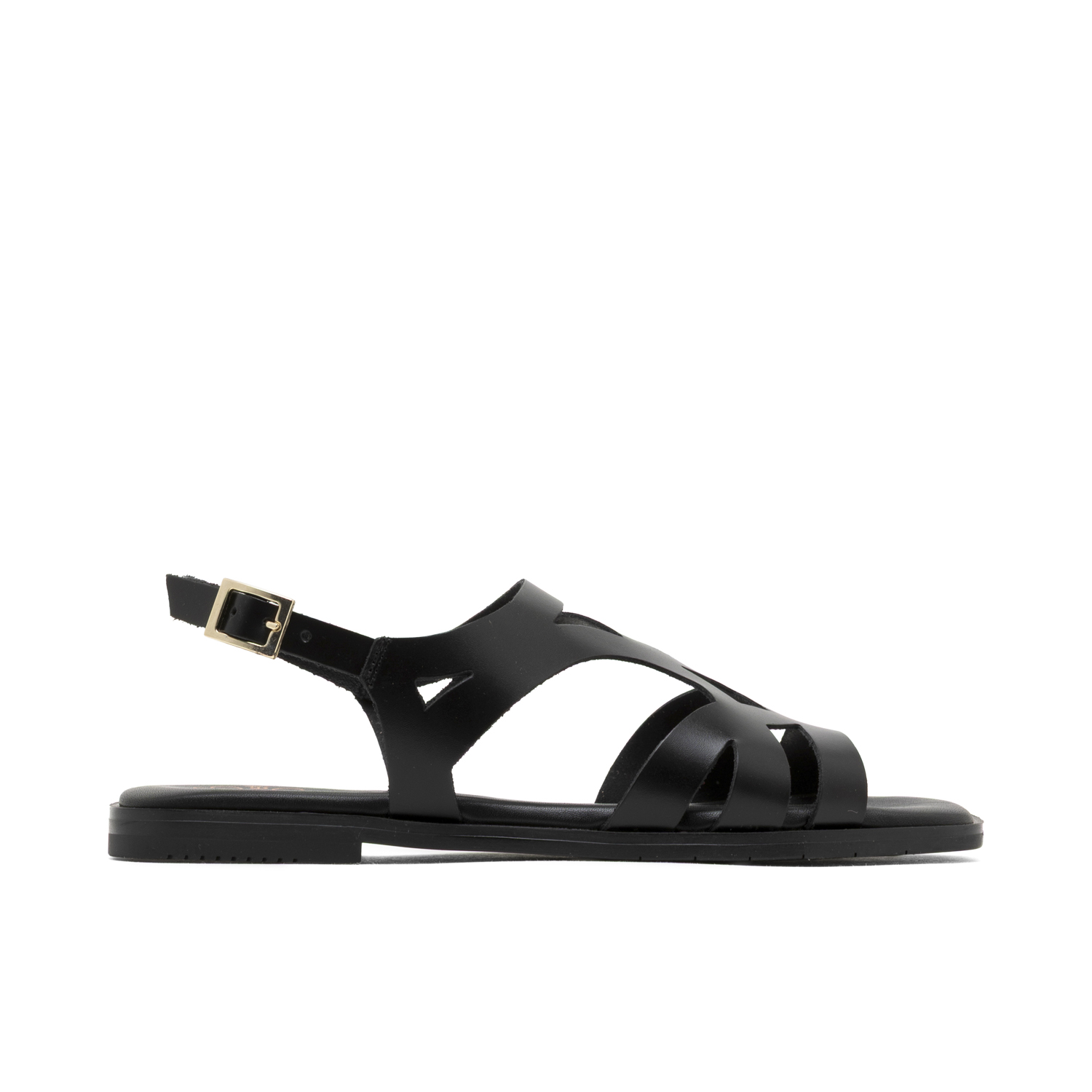Sandalias Planas de Piel Negra con Diseño Geométrico y Hebilla Ajustable, Hechas en España – Confort Acolchado y Suela Antideslizante para Mayor Estabilidad, Disponibles en Tallas 36-41