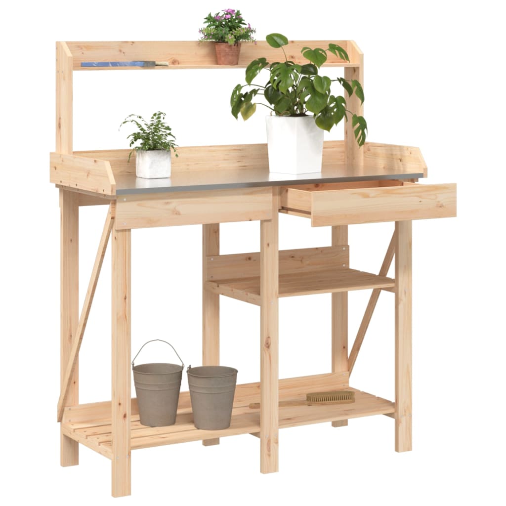 vidaXL Banco para macetas con estantes de madera maciza de abeto Color Natural,  Gris,  Marrón y mas