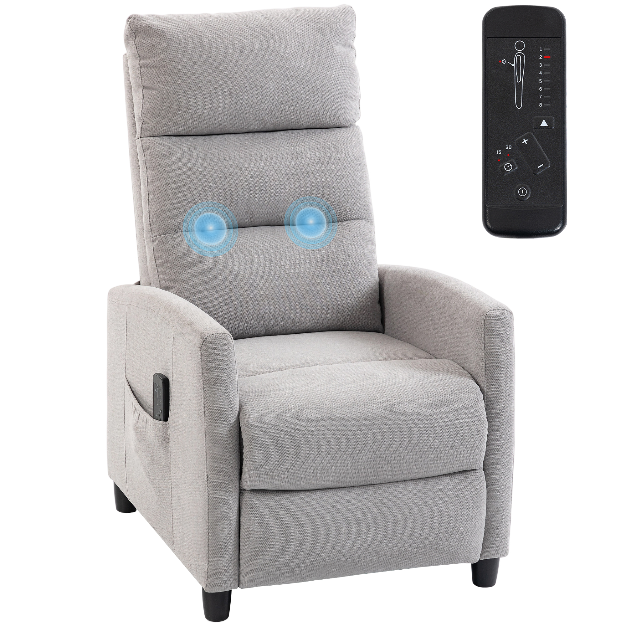 HOMCOM Sillón de Masaje, Sillón Relax Reclinable 160° con Mando a Distancia, Reposapiés, 2 Zonas de Masaje, Respaldo Alto, Asiento de Muelles, Bolsillos, Tapizado en Chenilla, 66x91x108 cm