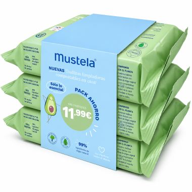 Mustela - Toallitas compostables para bebé 180 uds (3x60), 99% ingredientes naturales y fibras biodegradables en casa, aptas desde el nacimiento