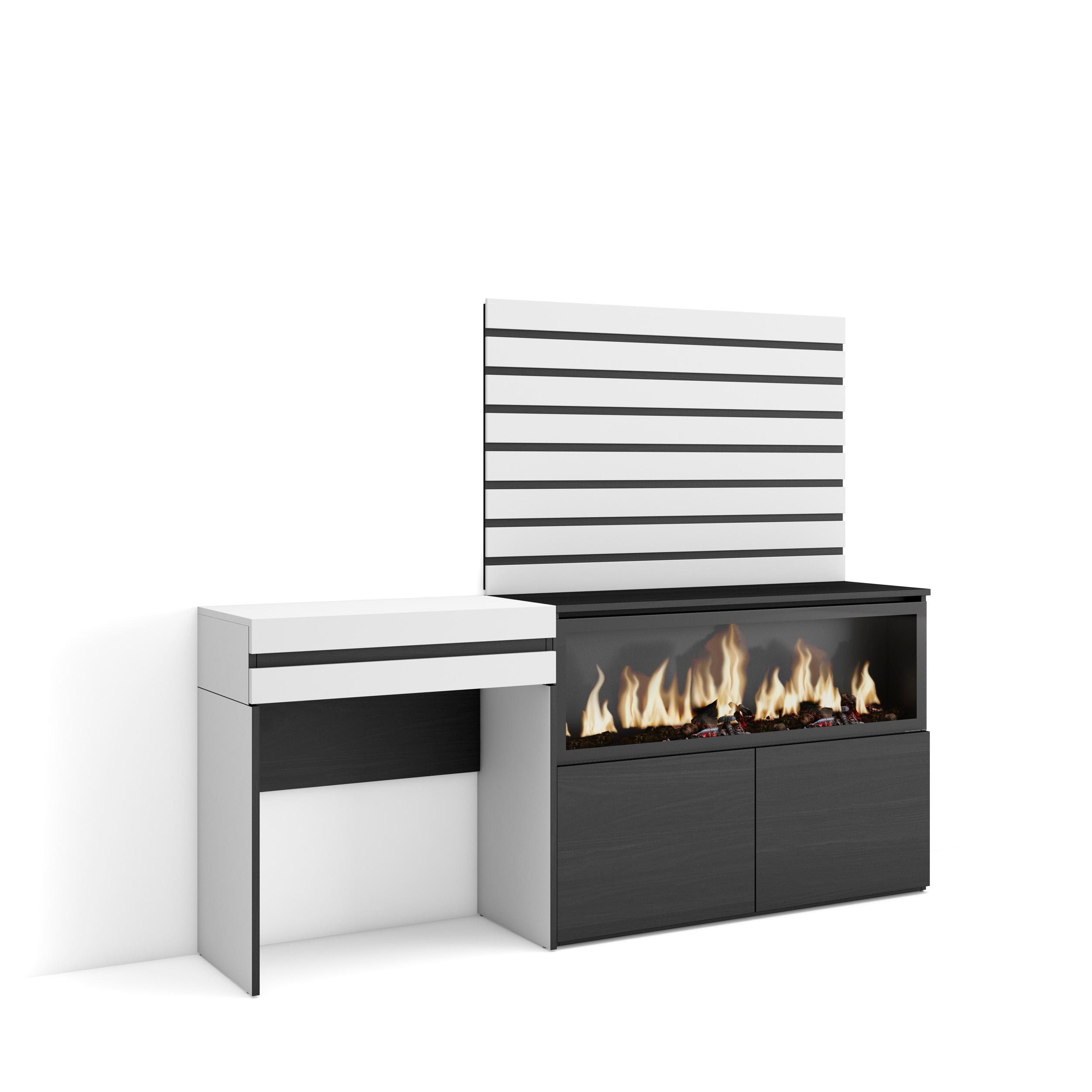 Skraut Home, Tocador con cajón, 177x35x145cm, Chimenea eléctrica XXL led efecto fuego 3d, Módulo 2 puertas, Listones