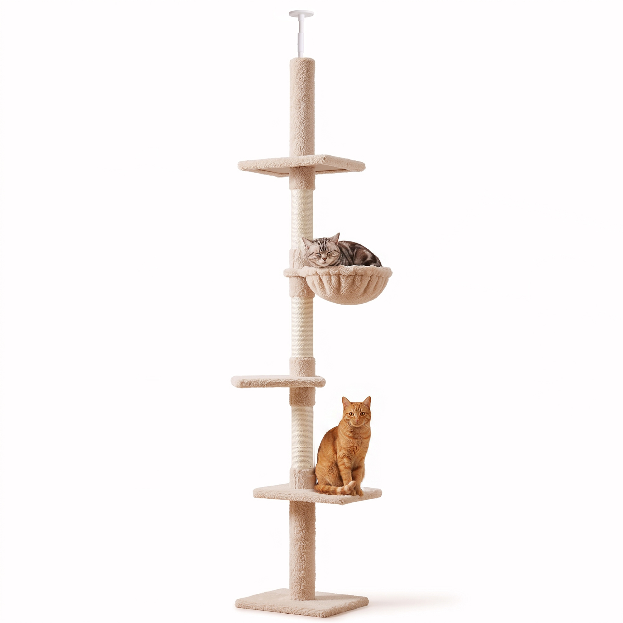 PawHut Árbol Rascador para Gatos de 230-260 cm, Árbol para Gatos de Suelo al Techo, con Altura Ajustable, 5 Plataformas, Hamaca, Postes de Sisal, Beige
