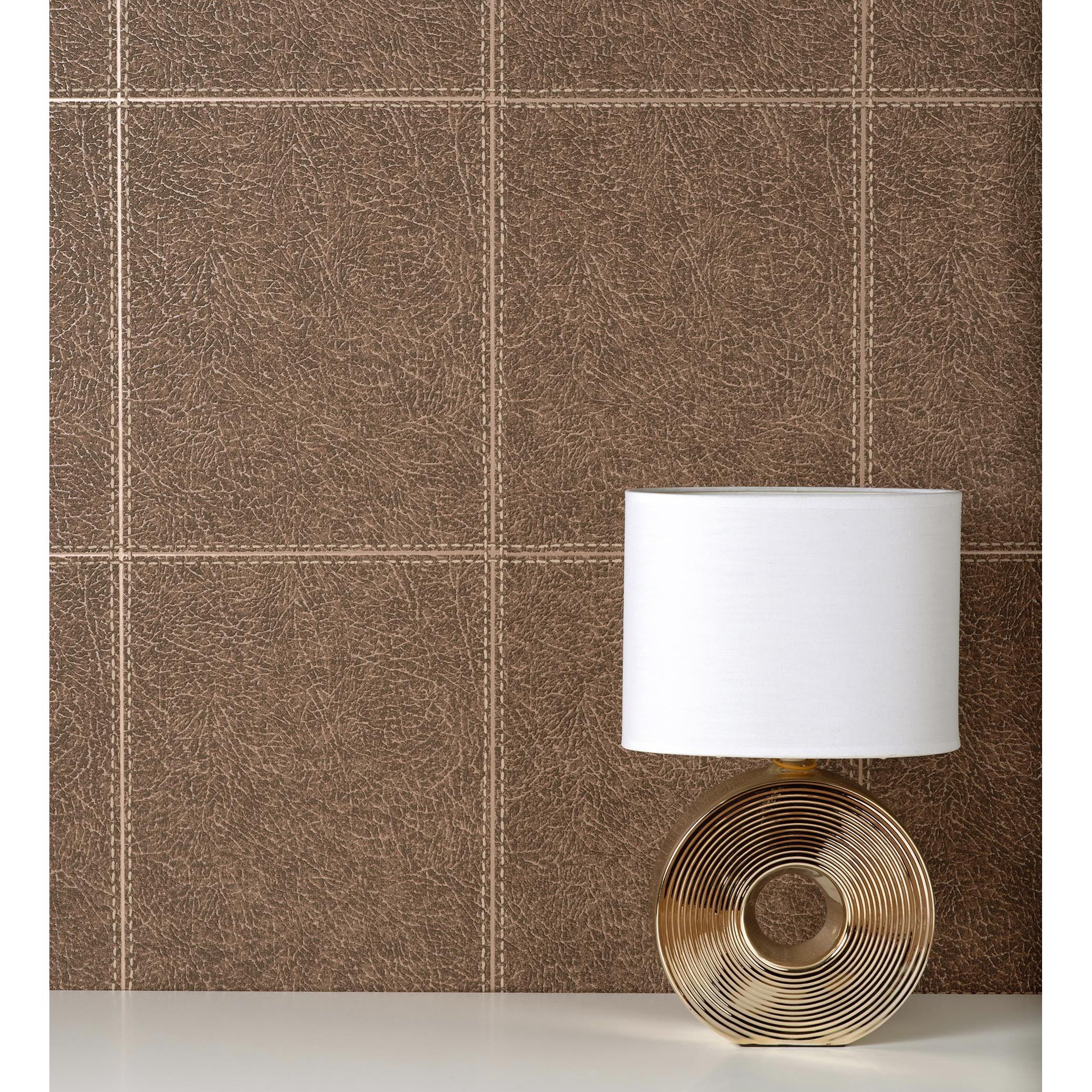 Papel pintado vinílico lavable piel cuadros de cuero cosidos en relieve - Makeda 681956 de GAULAN - Rollo de 10 m x 0,52 m